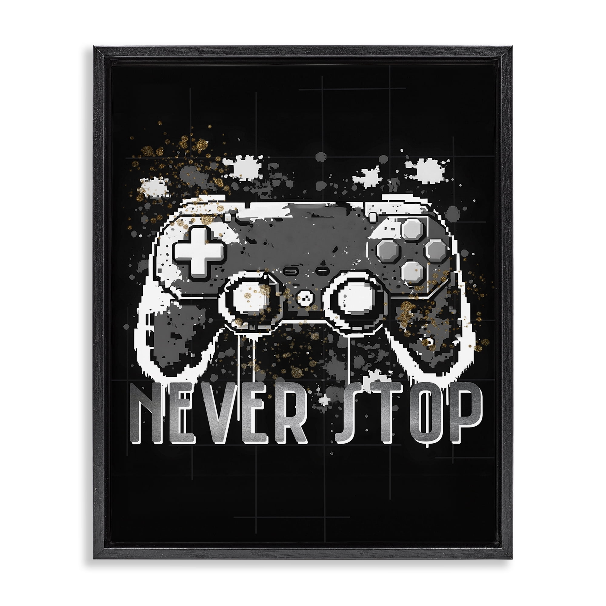 Stupell Industries Never Stop Game Controller Entertainment Painting Black Floater Framed Canvas Art Print Wall Art, 25 x 31