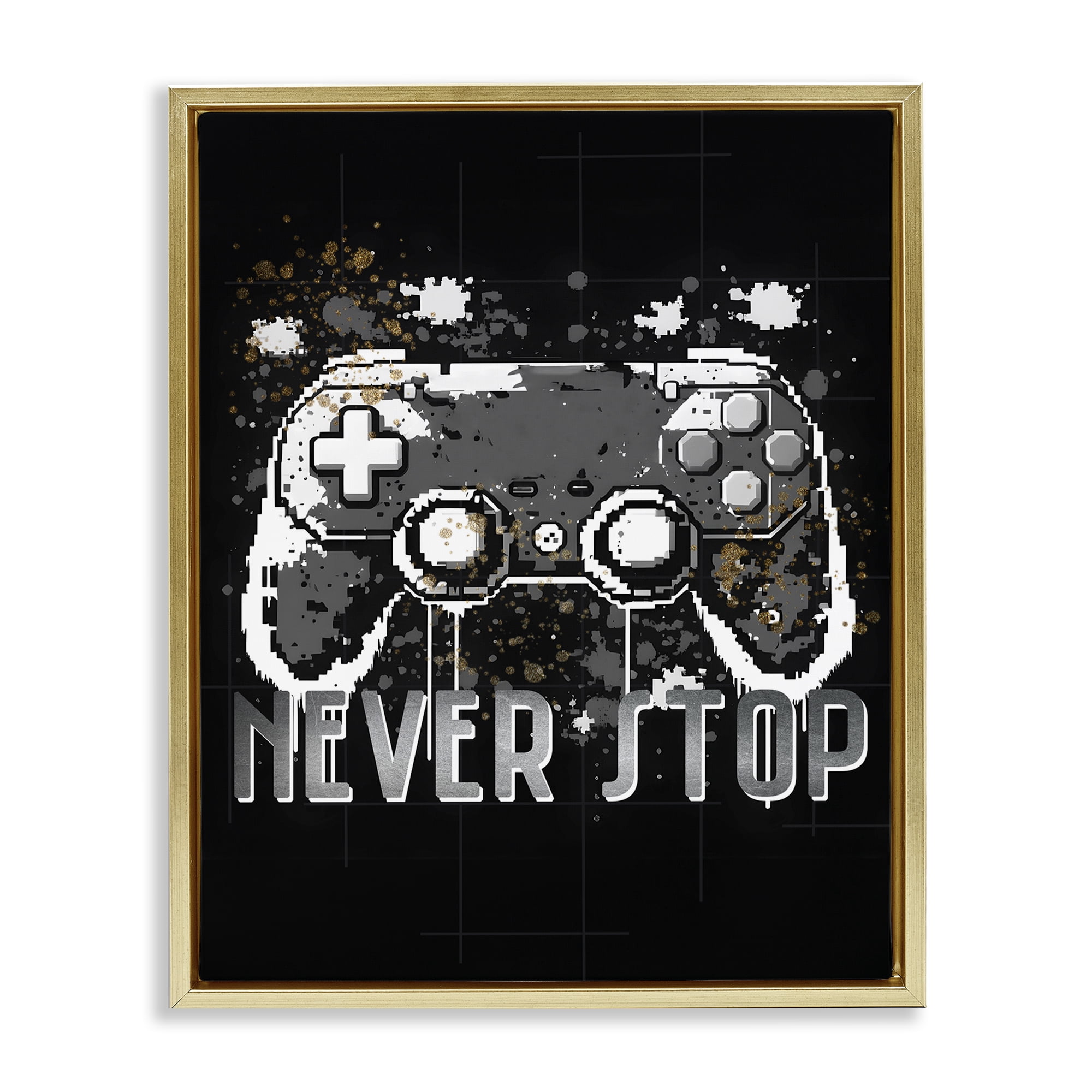 Stupell Industries Never Stop Game Controller Entertainment Painting Gold Floater Framed Canvas Art Print Wall Art, 17 x 21