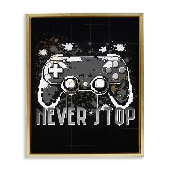 Stupell Industries Never Stop Game Controller Entertainment Painting Gold Floater Framed Canvas Art Print Wall Art, 25 x 31