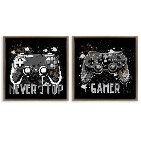 Stupell Industries Never Stop Modern Gamer Entertainment Painting Brown Floater Framed Canvas Art Print Wall Art, 18 x 18, Set of 2