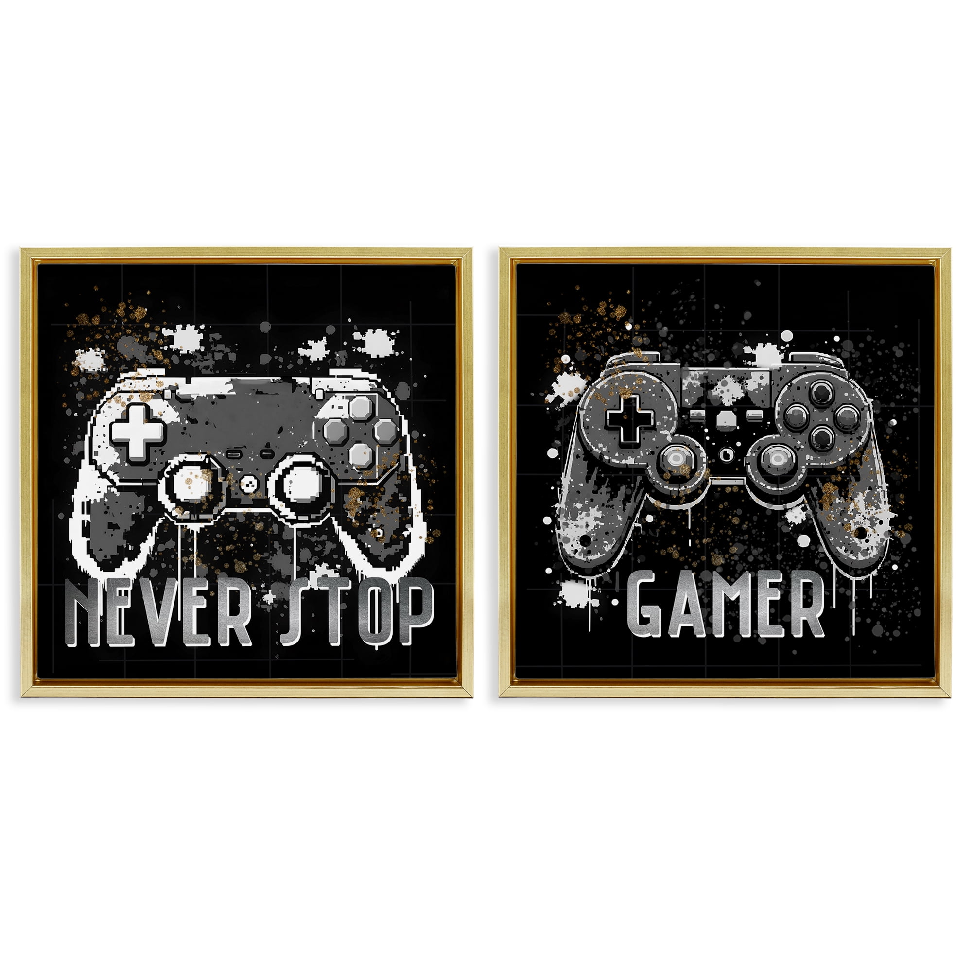 Stupell Industries Never Stop Modern Gamer Entertainment Painting Gold Floater Framed Canvas Art Print Wall Art, 18 x 18, Set of 2