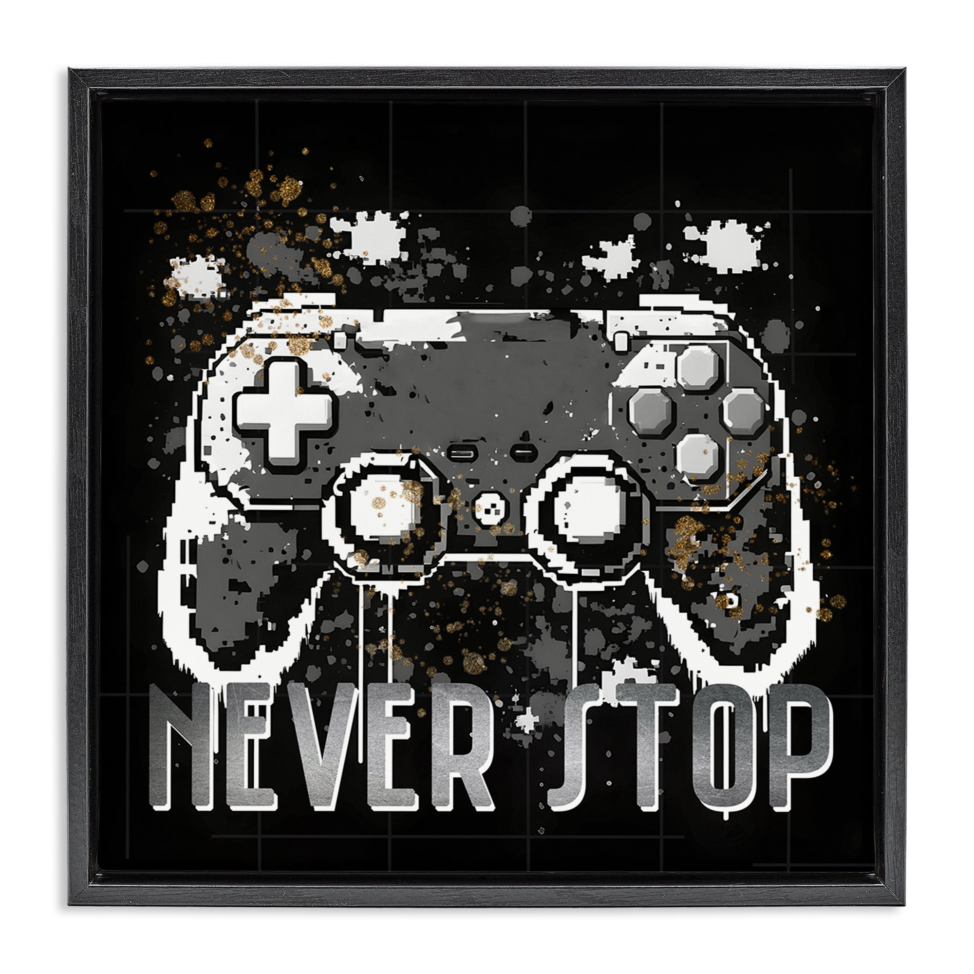 Stupell Industries Never Stop Pixel Controller Entertainment Painting Black Floater Framed Canvas Art Print Wall Art, 25 x 25