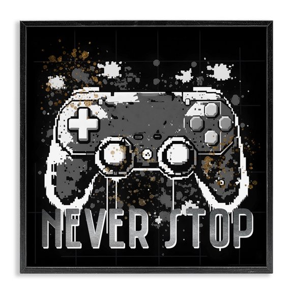 Stupell Industries Never Stop Pixel Controller Entertainment Painting Black Framed Art Print Wall Art, 17 x 17