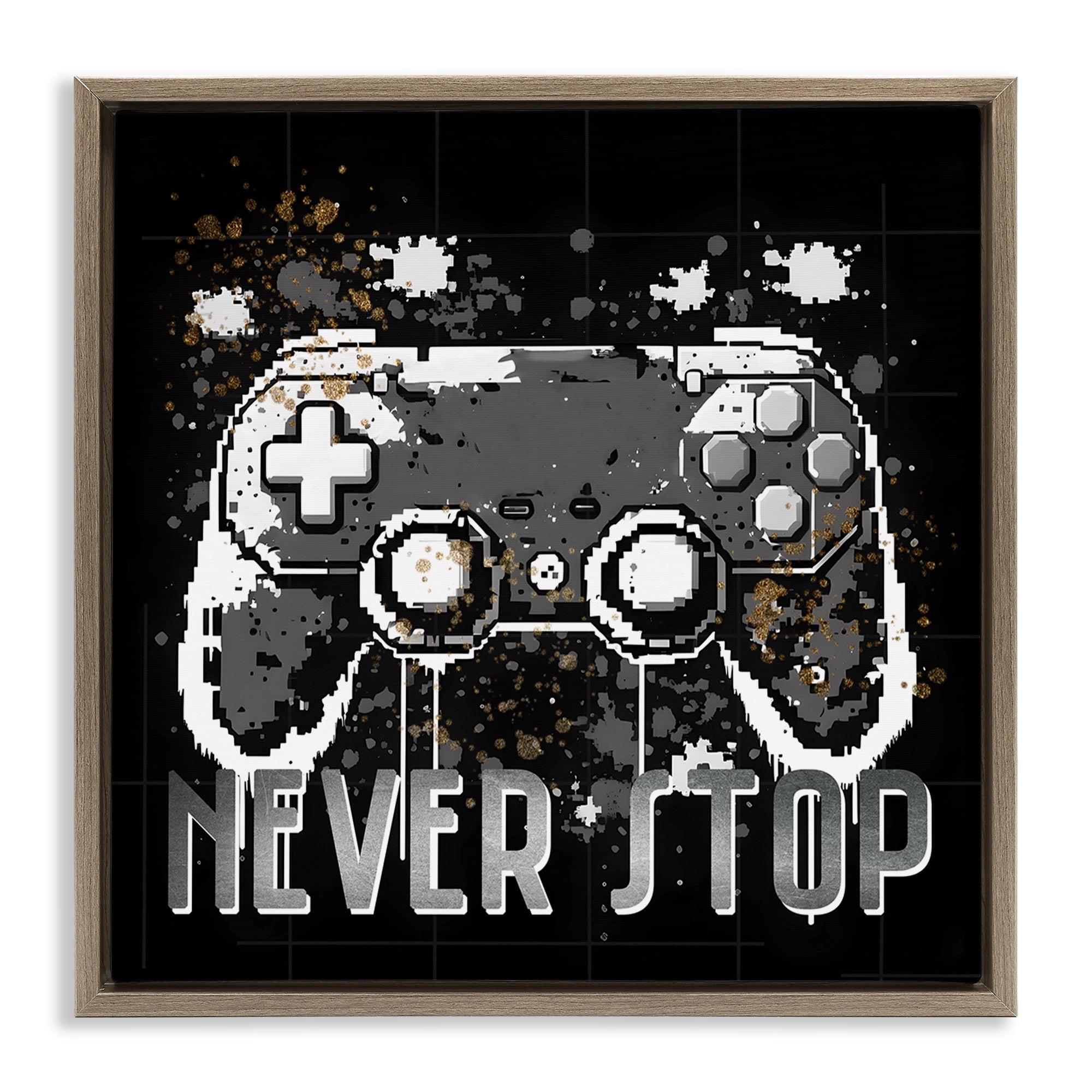 Stupell Industries Never Stop Pixel Controller Entertainment Painting Brown Floater Framed Canvas Art Print Wall Art, 18 x 18