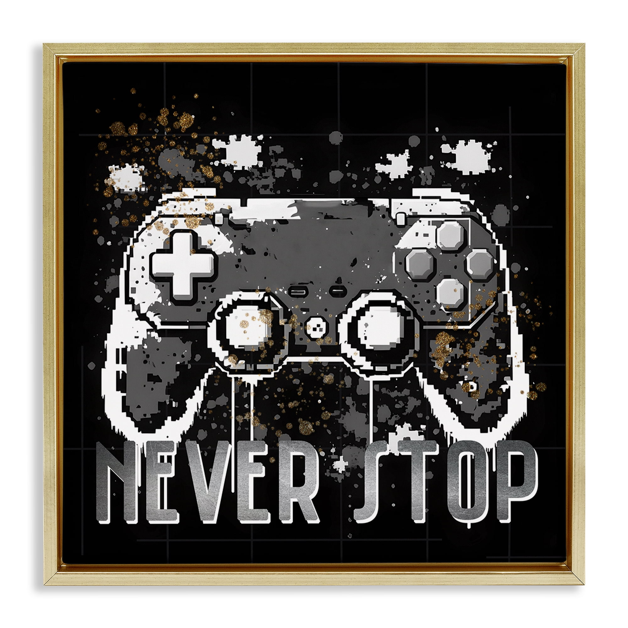 Stupell Industries Never Stop Pixel Controller Entertainment Painting Gold Floater Framed Canvas Art Print Wall Art, 18 x 18