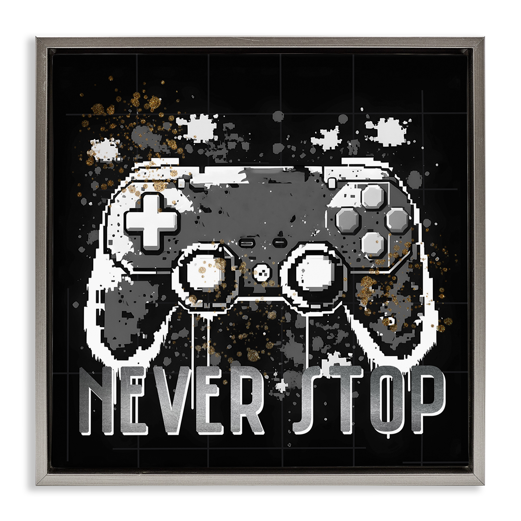 Stupell Industries Never Stop Pixel Controller Entertainment Painting Gray Floater Framed Canvas Art Print Wall Art, 25 x 25
