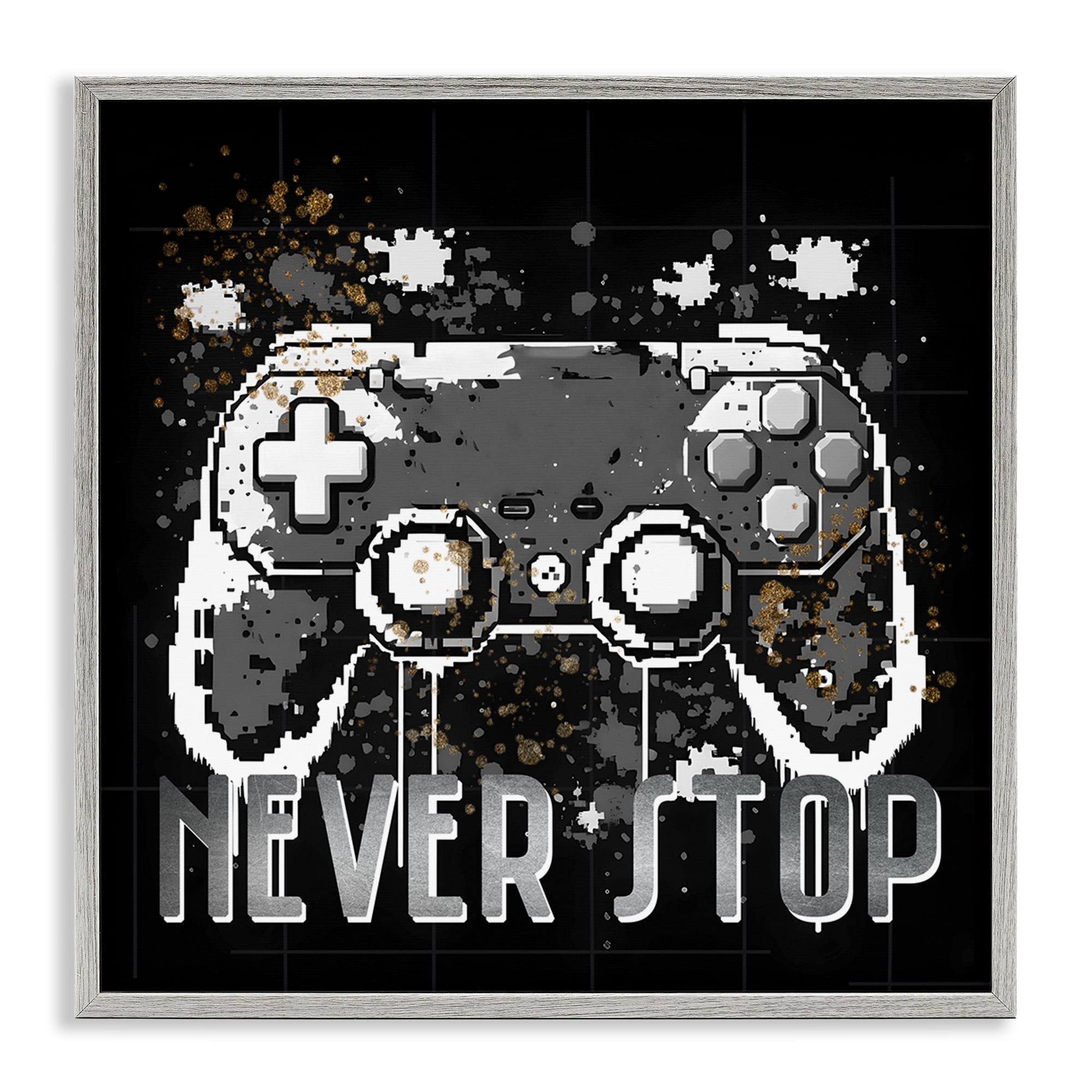 Stupell Industries Never Stop Pixel Controller Entertainment Painting Gray Framed Art Print Wall Art, 24 x 24