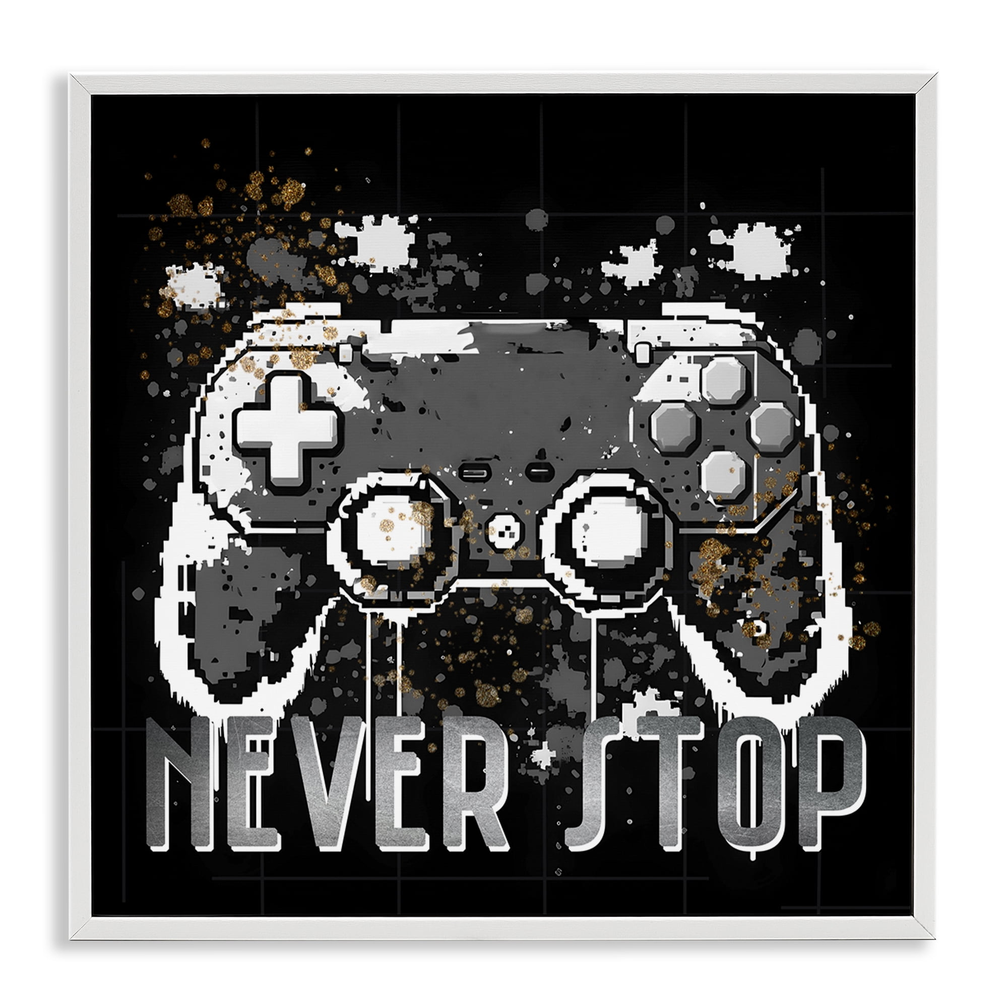Stupell Industries Never Stop Pixel Controller Entertainment Painting White Framed Art Print Wall Art, 17 x 17