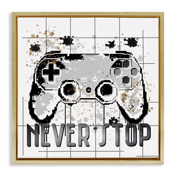 Stupell Industries Never Stop Pixel Gamer Gold Framed Floater Canvas Wall Art, design by Kim Allen