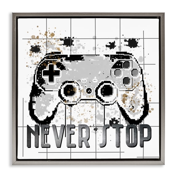 Stupell Industries Never Stop Pixel Gamer Gray Framed Floater Canvas Wall Art, design by Kim Allen