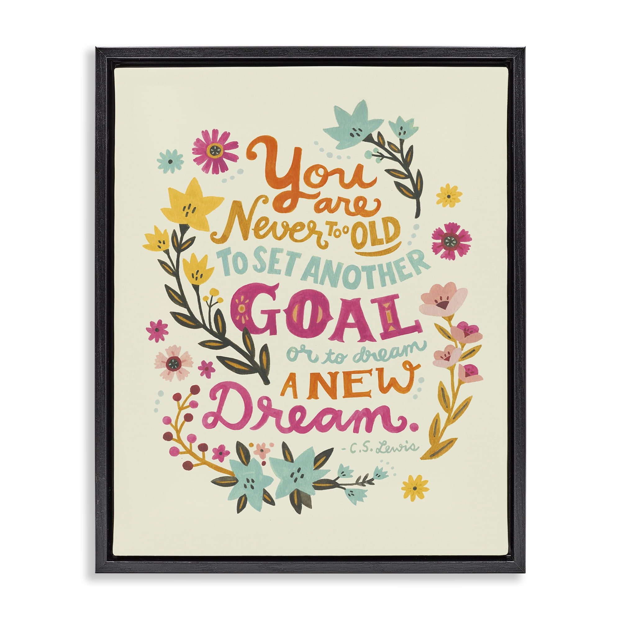 Stupell Industries Never Too Old Inspiring Quote Plants & Flowers Painting Black Floater Framed Canvas Art Print Wall Art, 17 x 21
