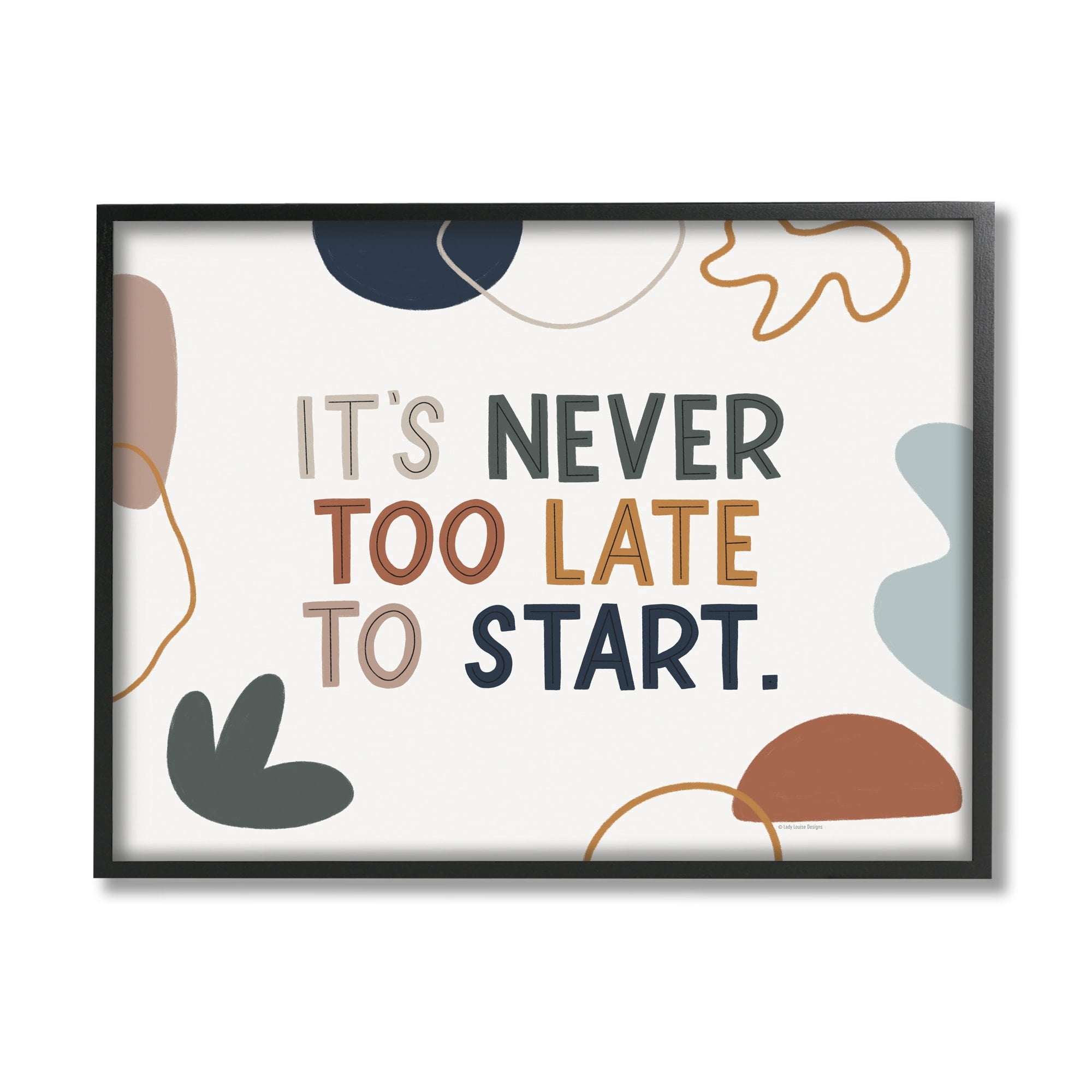 Stupell Industries Never too Late to Start Motivational Phrase Abstract Graphic Art Black Framed Art Print Wall Art, 20x16, by Lady Louise Designs
