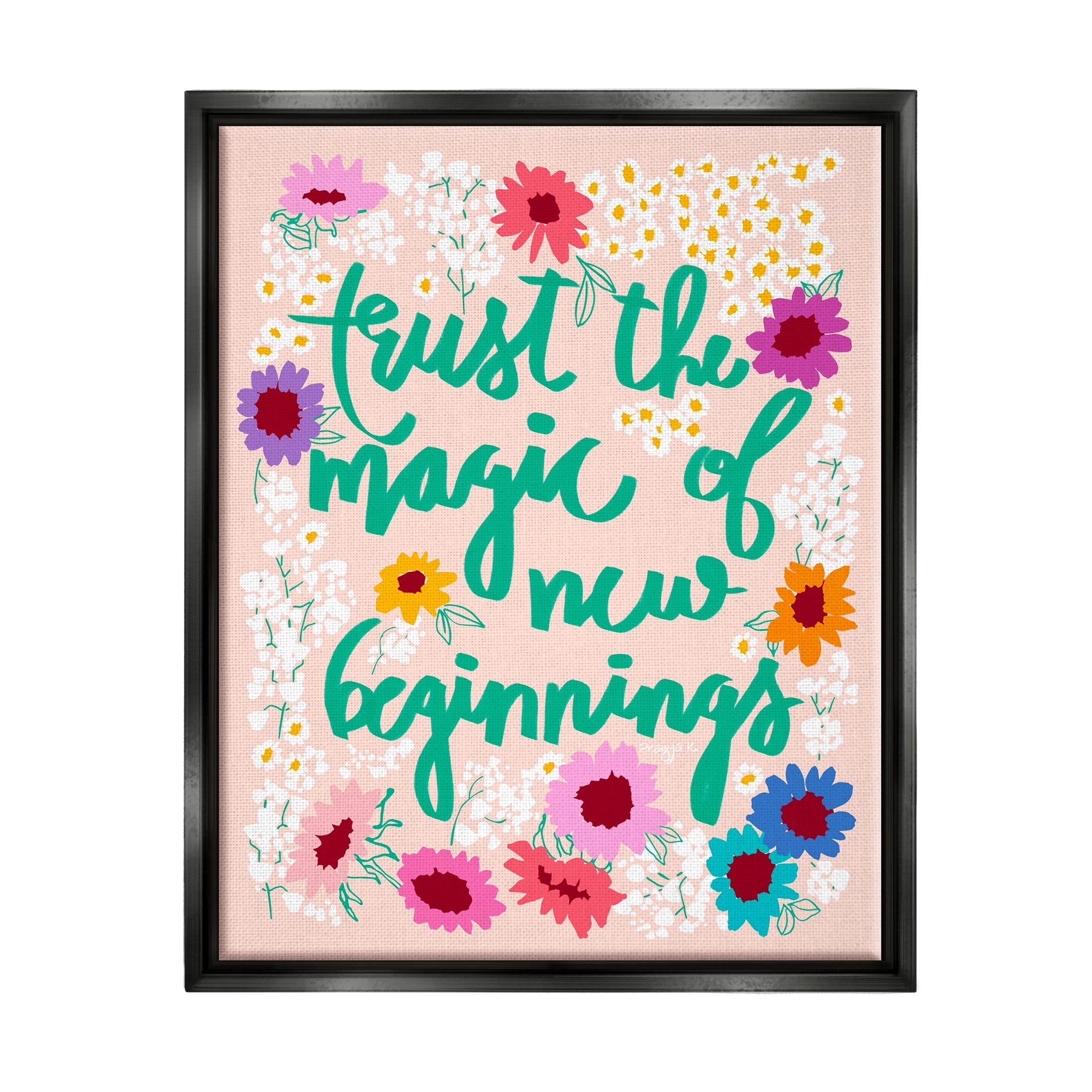 Stupell Industries New Beginnings Phrase Botanical & Floral Painting Black Floater Framed Canvas Art Print Wall Art, 25 x 31