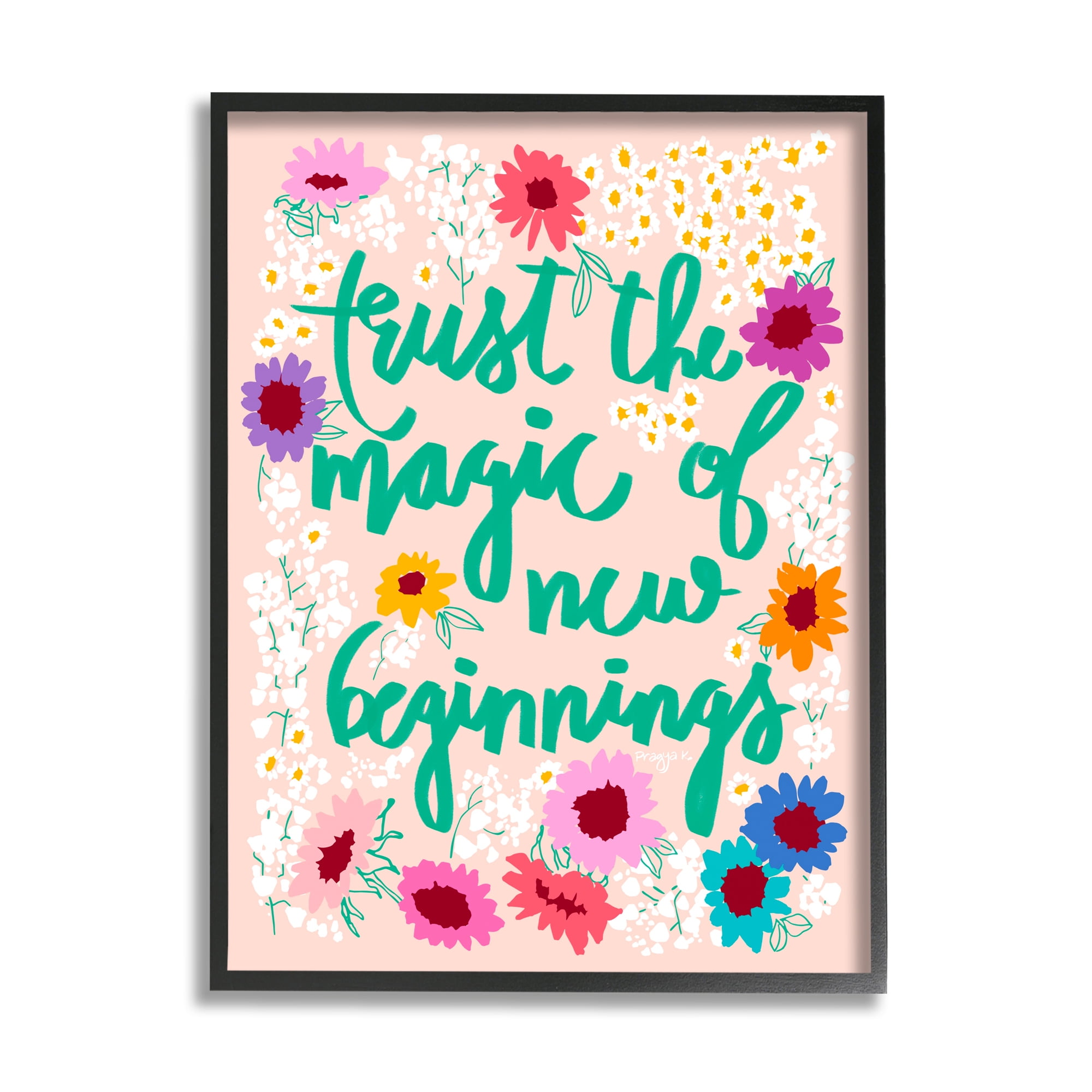 Stupell Industries New Beginnings Phrase Botanical & Floral Painting Black Framed Art Print Wall Art, 24 x 30