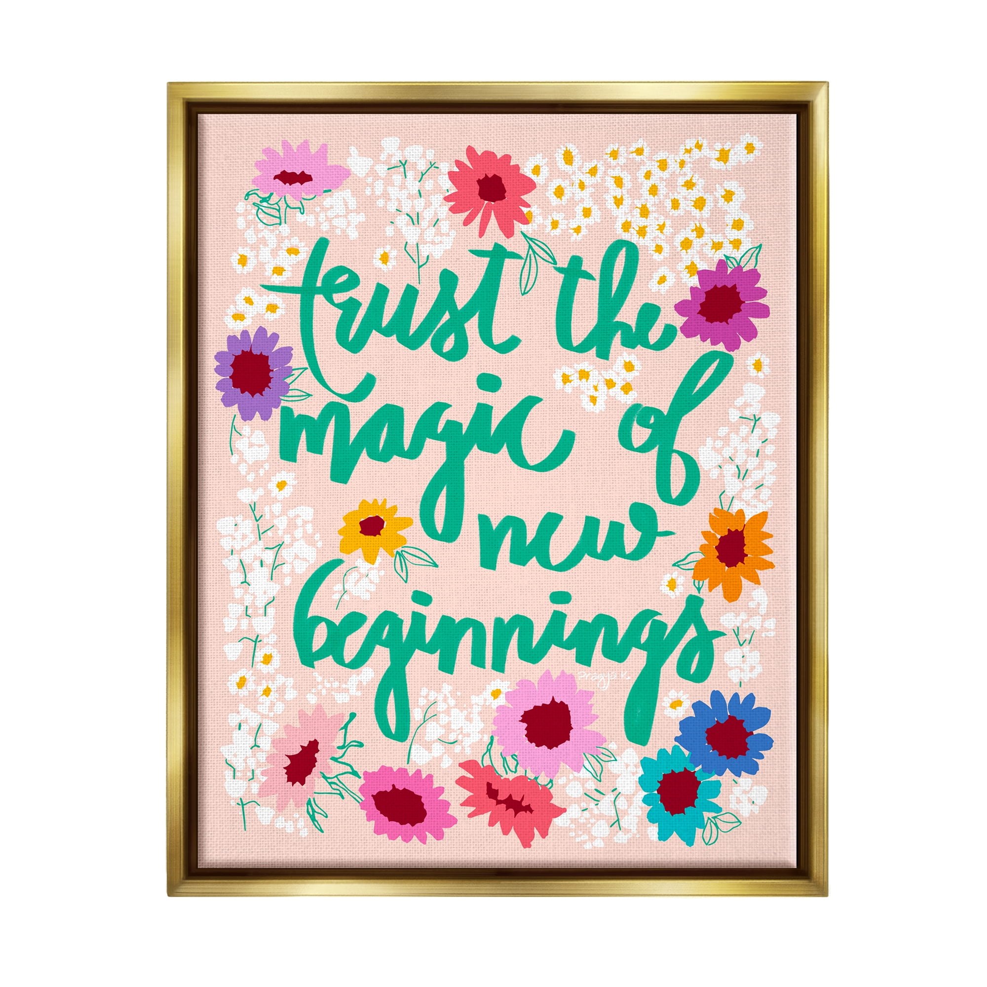 Stupell Industries New Beginnings Phrase Botanical & Floral Painting Gold Floater Framed Canvas Art Print Wall Art, 17 x 21