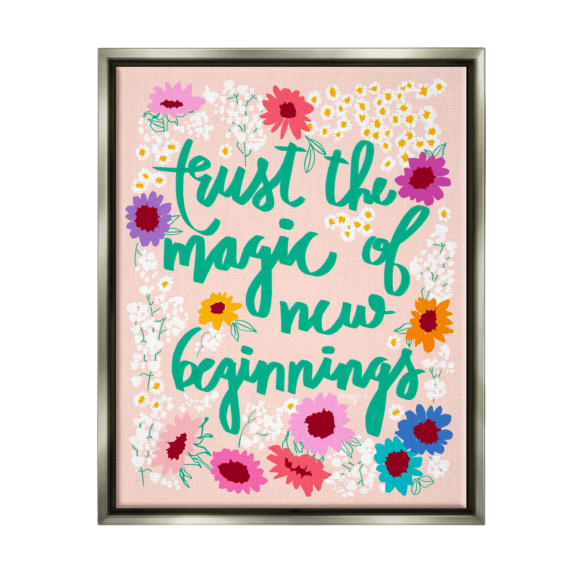 Stupell Industries New Beginnings Phrase Botanical & Floral Painting Gray Floater Framed Canvas Art Print Wall Art, 17 x 21