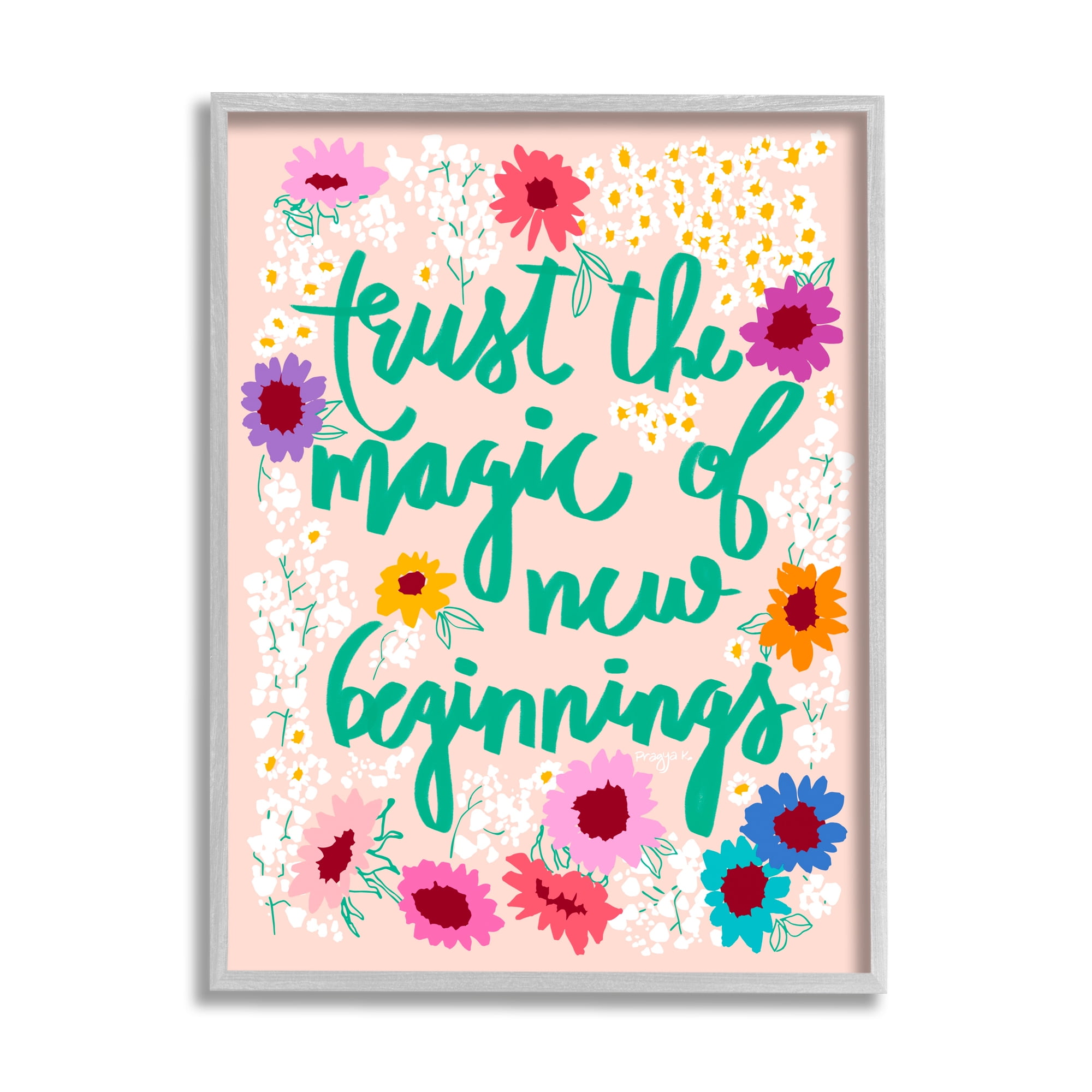 Stupell Industries New Beginnings Phrase Botanical & Floral Painting Gray Framed Art Print Wall Art, 24 x 30