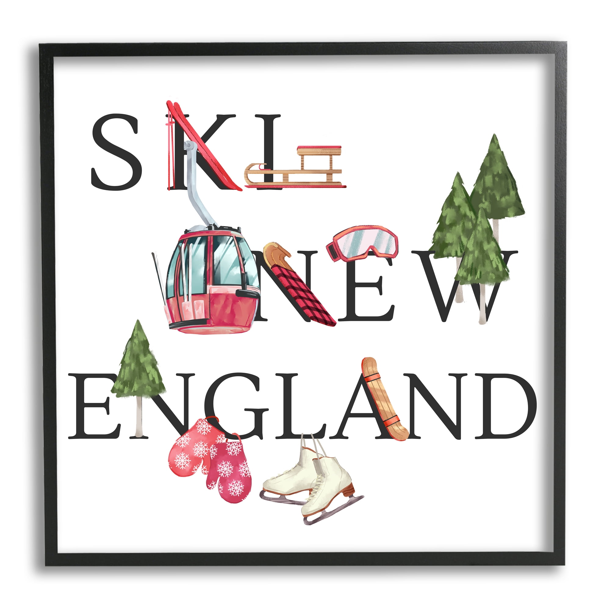 Stupell Industries New England Ski Winter Seasonal Mountain Sports Sports Painting Black Framed Art Print Wall Art, 24 x 24
