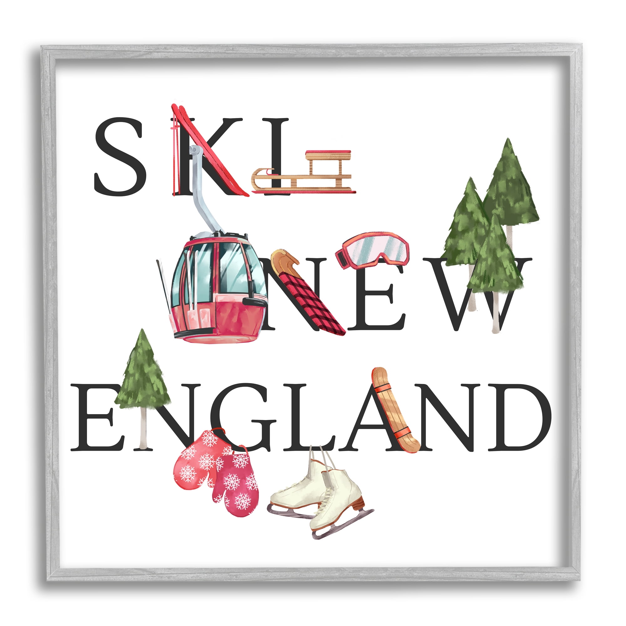 Stupell Industries New England Ski Winter Seasonal Mountain Sports Sports Painting Gray Framed Art Print Wall Art, 12 x 12
