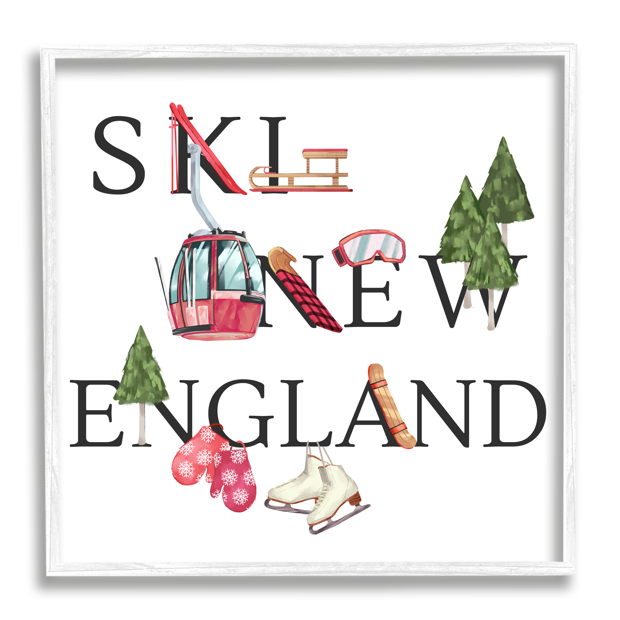Stupell Industries New England Ski Winter Seasonal Mountain Sports Sports Painting White Framed Art Print Wall Art, 24 x 24