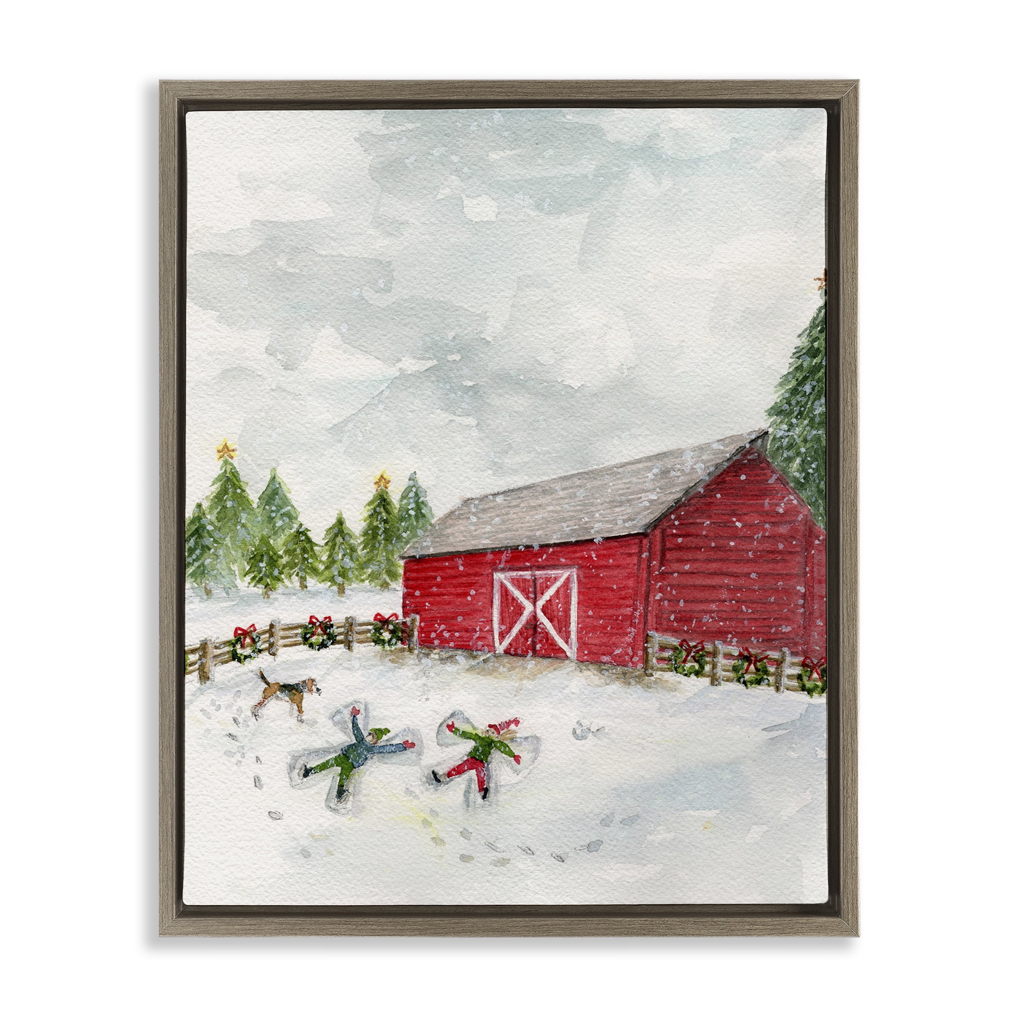 Stupell Industries New England Snow Angels Holiday Painting Brown Floater Framed Art Print Wall Art, 25 x 31