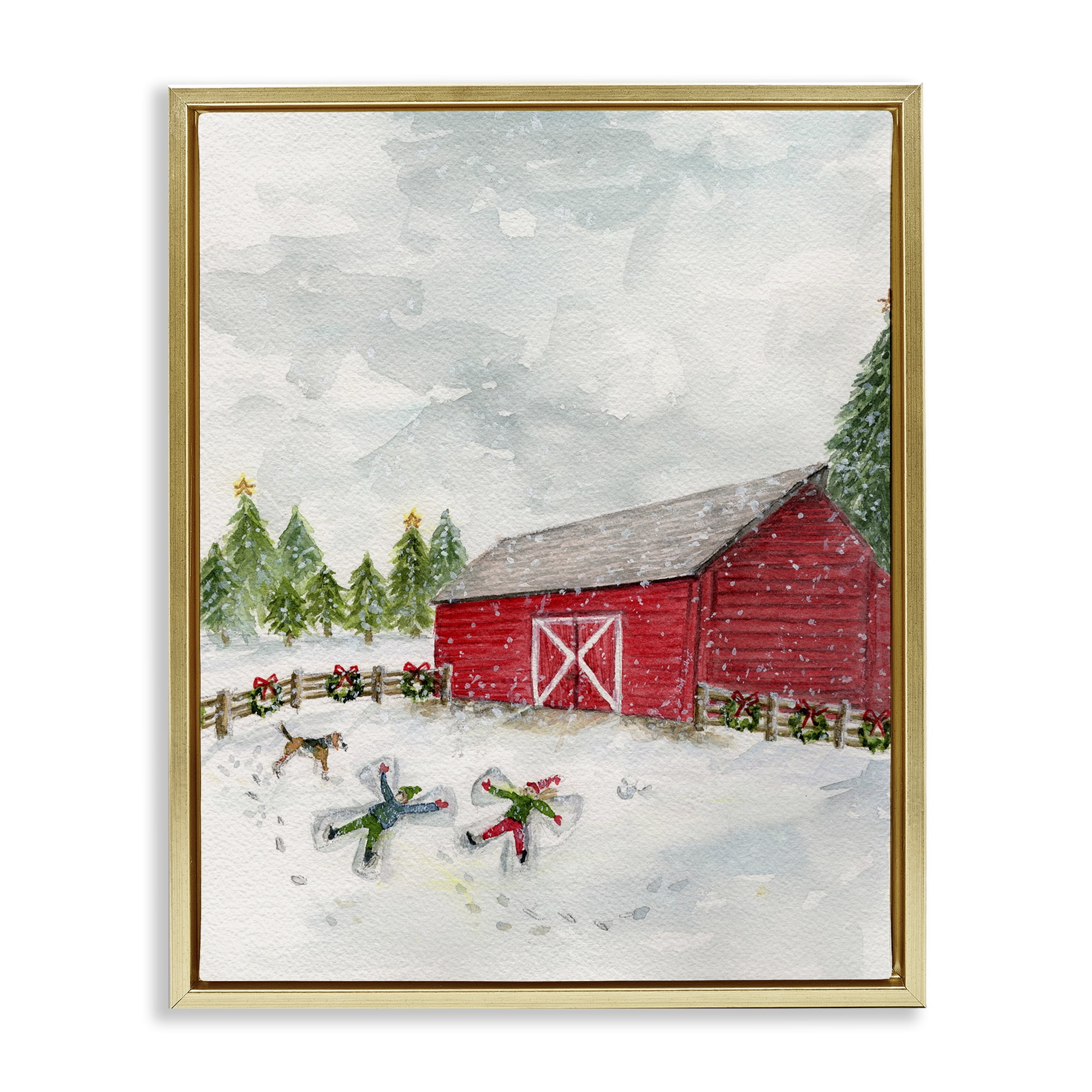 Stupell Industries New England Snow Angels Holiday Painting Gold Floater Framed Art Print Wall Art, 25 x 31