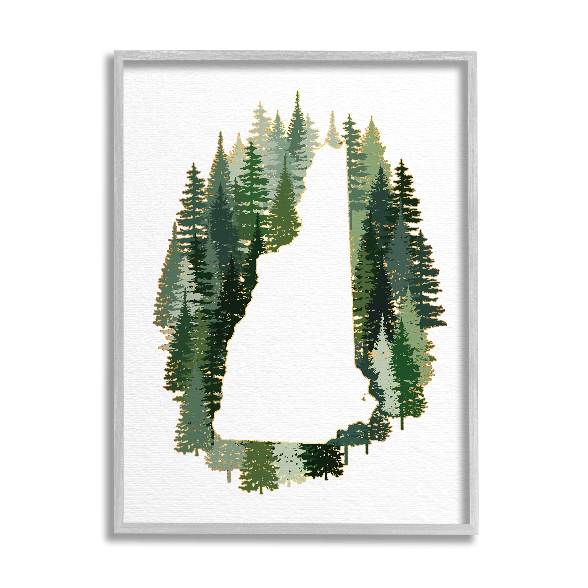 Stupell Industries New Hampshire State Outline Green Pine Tree Forest Town & City Painting Gray Framed Art Print Wall Art, 16 x 20