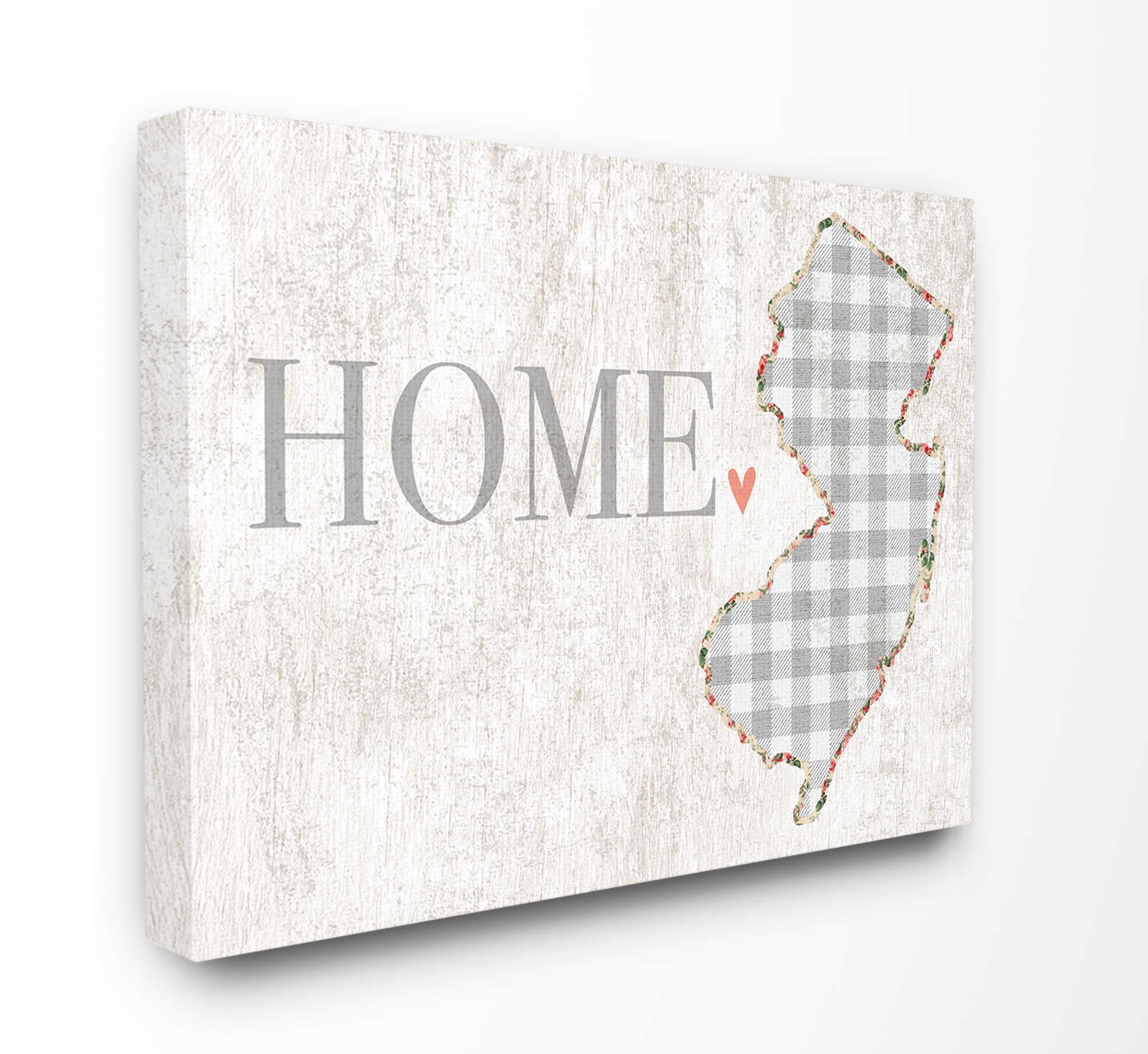 Stupell Industries New Jersey Grey Gingham and Floral Heart and Home Town & City Painting Gallery Wrapped Canvas Art Print Wall Art, 30 x 40