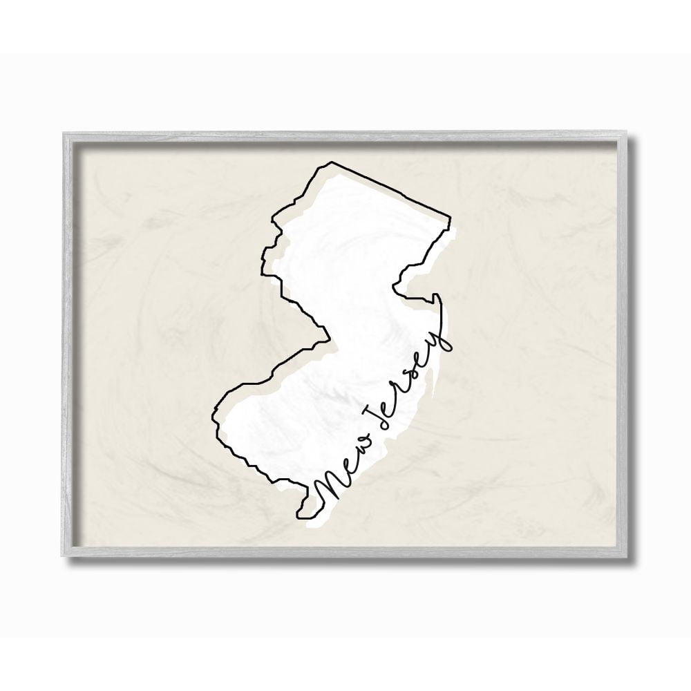 Stupell Industries New Jersey Home State Map Neutral Print Design Gray Farmhouse Rustic Framed Giclee Texturized Art by Daphne Polselli