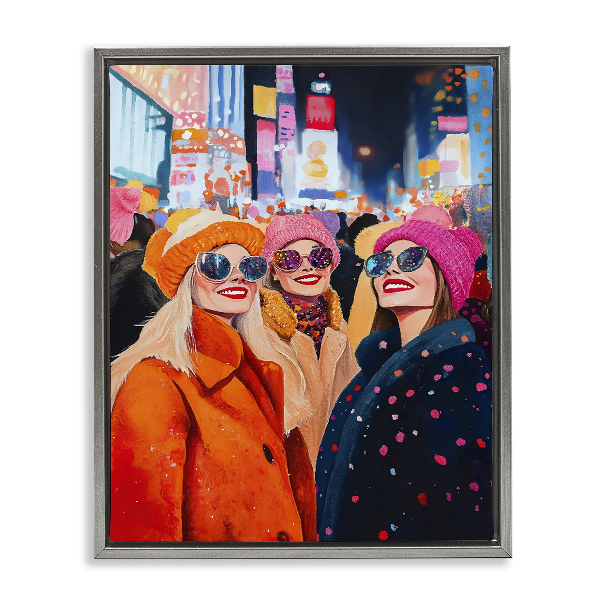 Stupell Industries New Year's Girls in City Gray Framed Floater Canvas Wall Art, design by LSR Design Studio