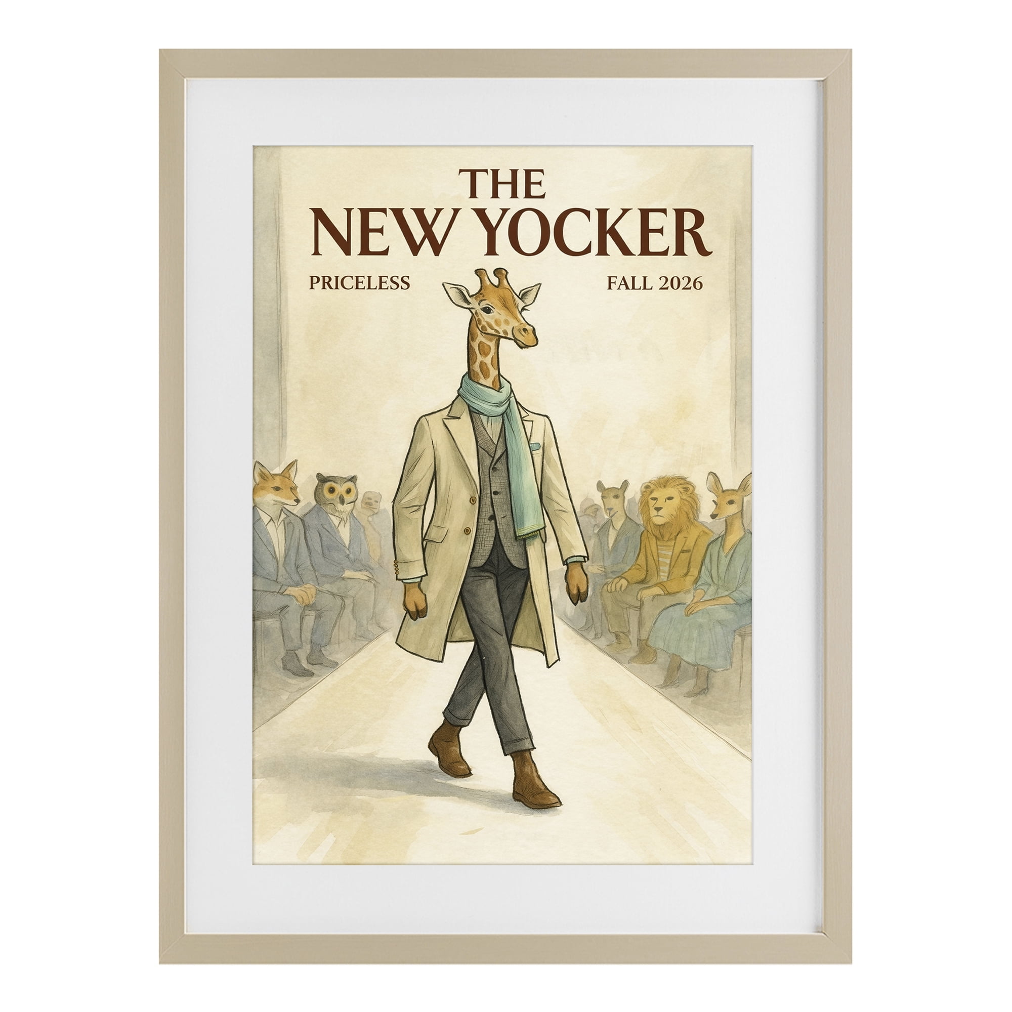 Stupell Industries New Yocker Giraffe Model Birch Framed Print Under Glass, design by Grotto Studios