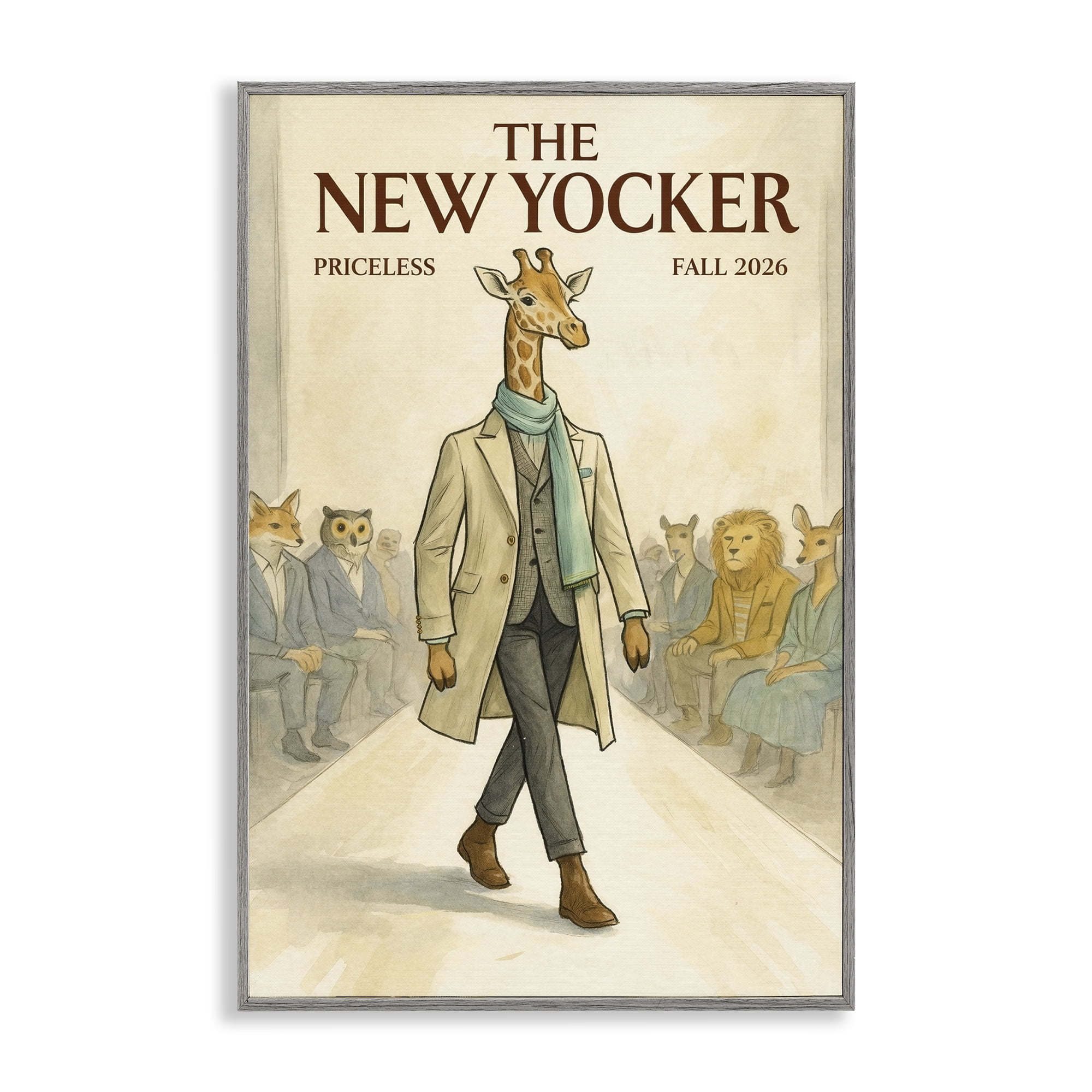 Stupell Industries New Yocker Giraffe Model Gray Framed Giclee Art, design by Grotto Studios