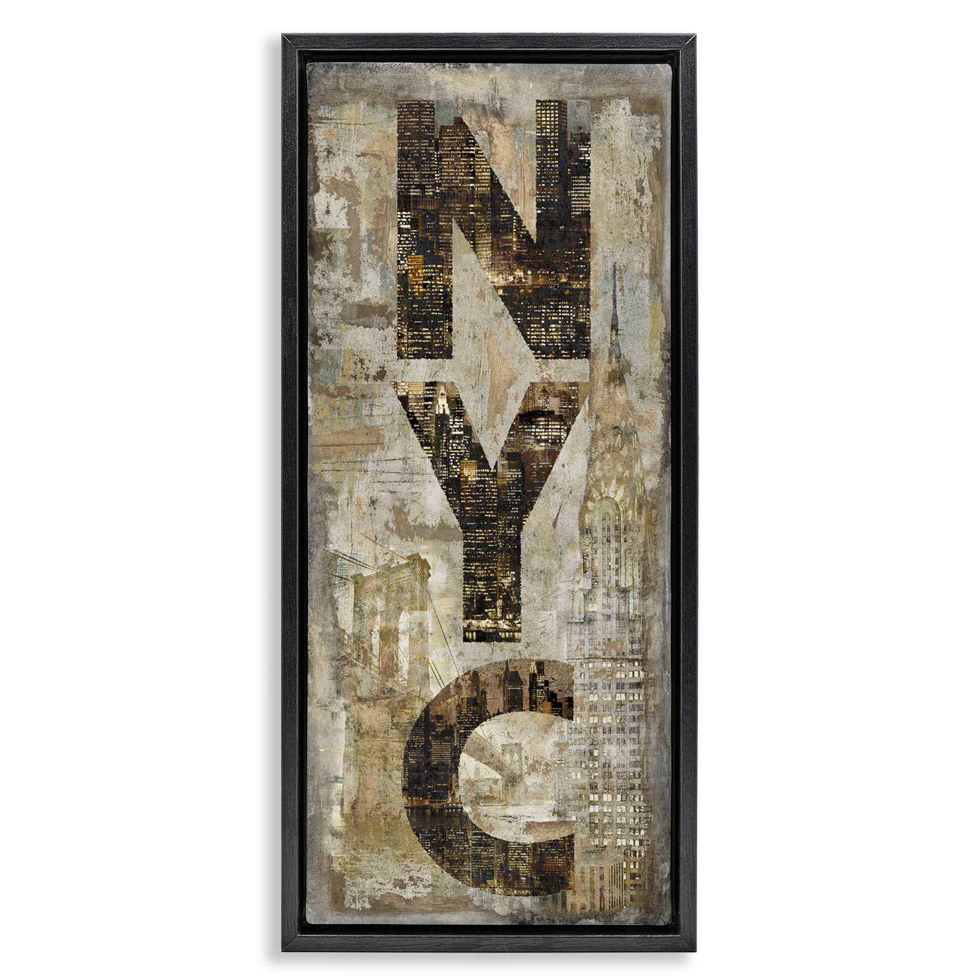 Stupell Industries New York City Montage Collage Town & City Painting Black Floater Framed Canvas Art Print Wall Art, 11 x 25