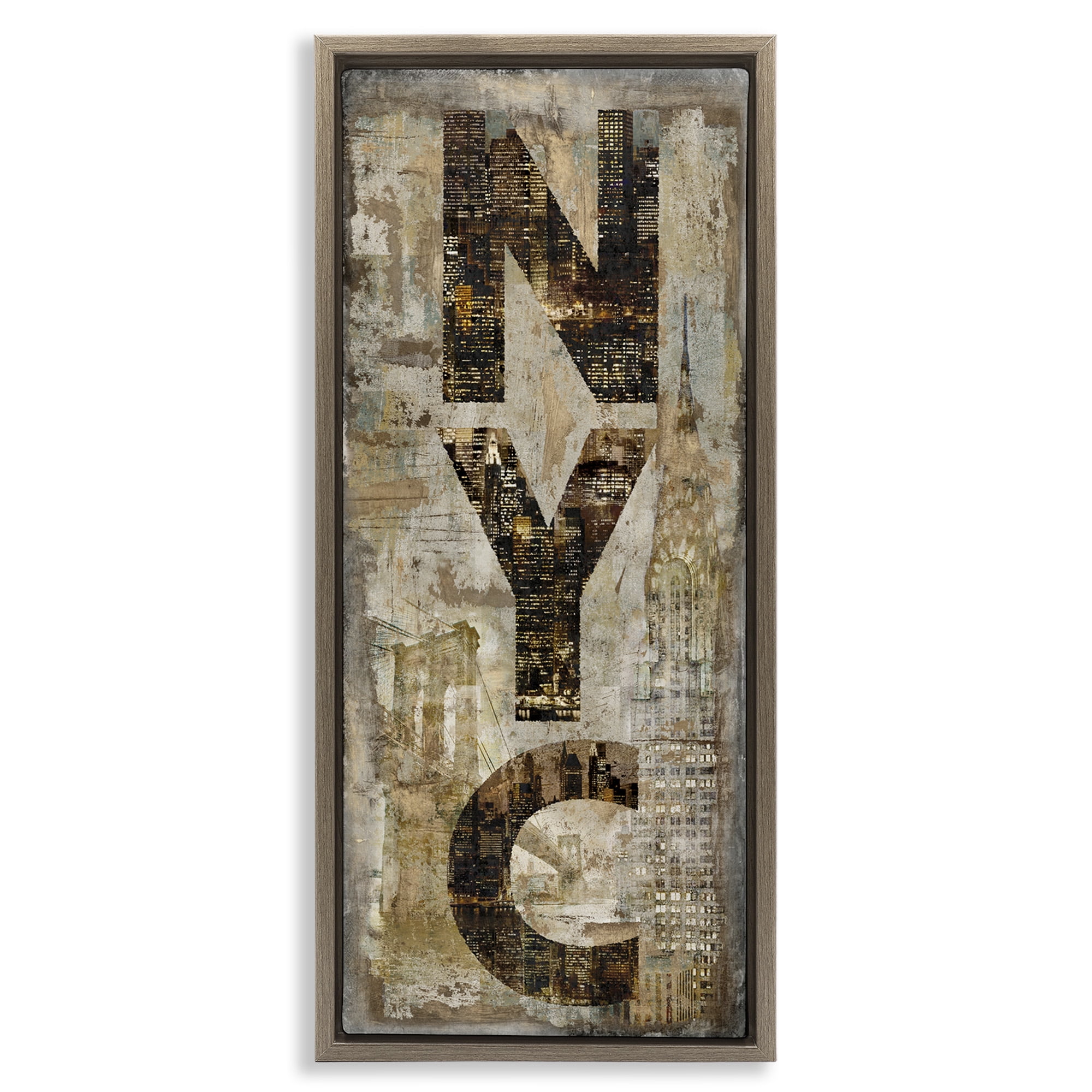 Stupell Industries New York City Montage Collage Town & City Painting Brown Floater Framed Canvas Art Print Wall Art, 15 x 31
