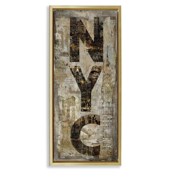 Stupell Industries New York City Montage Collage Town & City Painting Gold Floater Framed Canvas Art Print Wall Art, 11 x 25