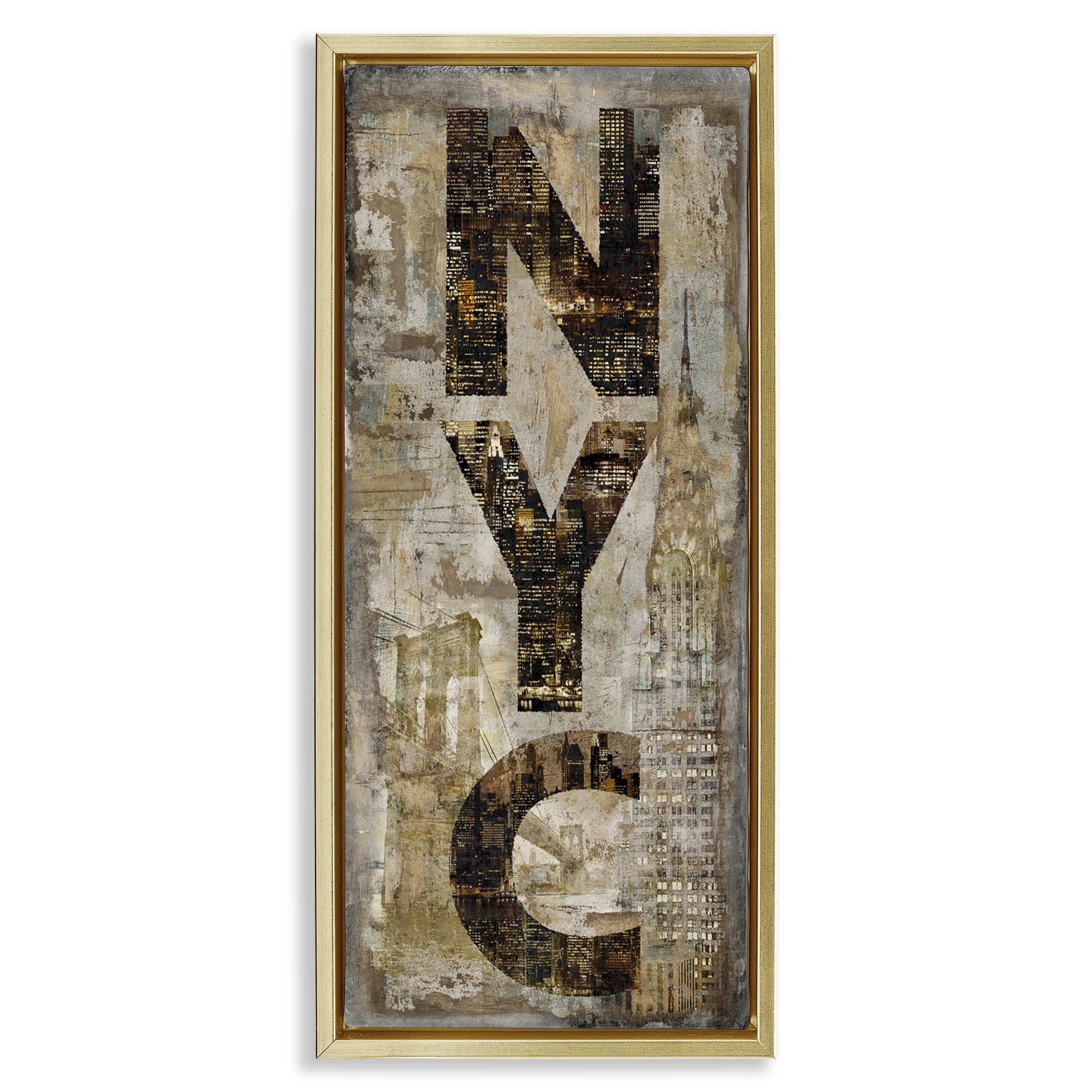 Stupell Industries New York City Montage Collage Town & City Painting Gold Floater Framed Canvas Art Print Wall Art, 15 x 31