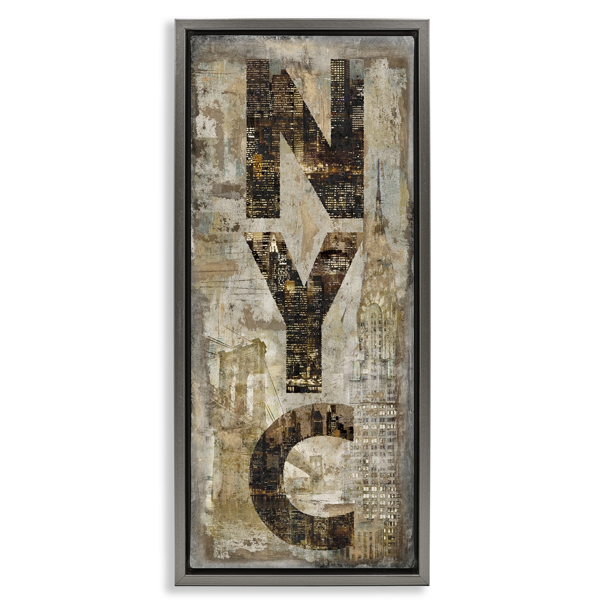 Stupell Industries New York City Montage Collage Town & City Painting Gray Floater Framed Canvas Art Print Wall Art, 11 x 25