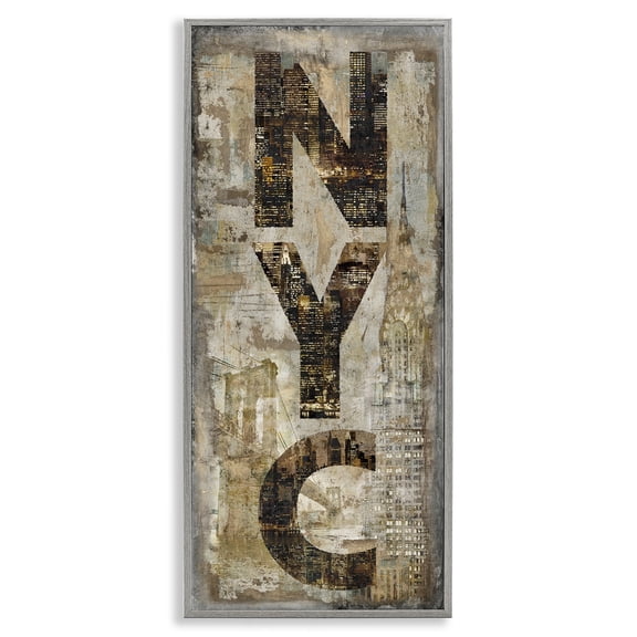 Stupell Industries New York City Montage Collage Town & City Painting Gray Framed Art Print Wall Art, 10 x 24