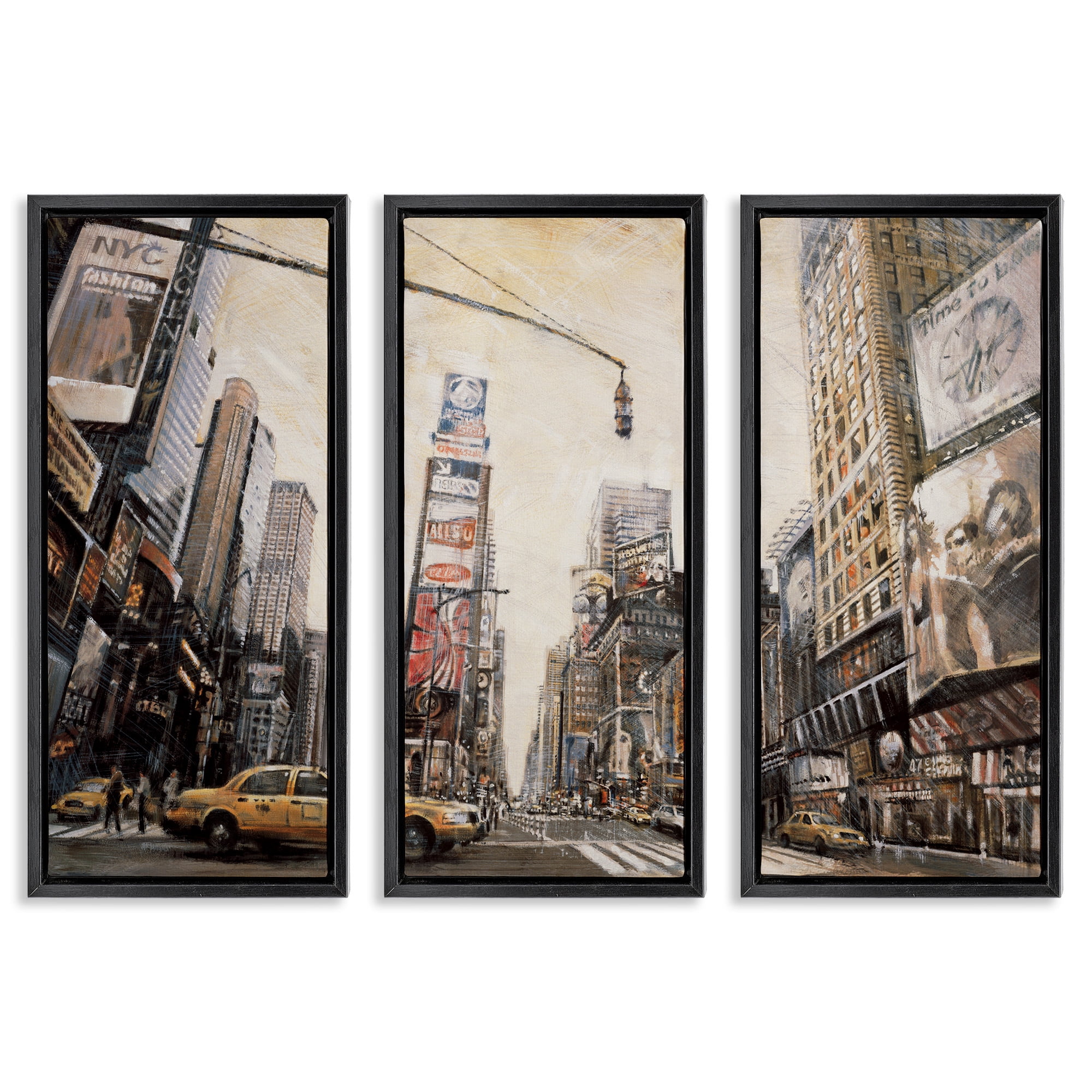 Stupell Industries New York City Streets Buildings Transportation Painting Black Floater Framed Canvas Art Print Wall Art, 15 x 31, Set of 3