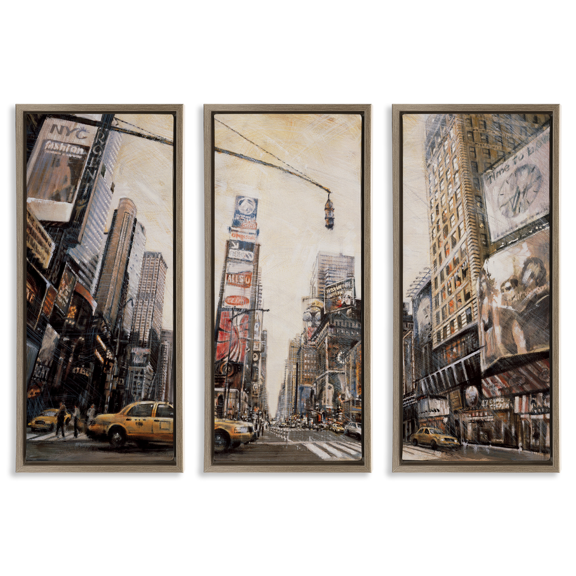 Stupell Industries New York City Streets Buildings Transportation Painting Brown Floater Framed Canvas Art Print Wall Art, 15 x 31, Set of 3