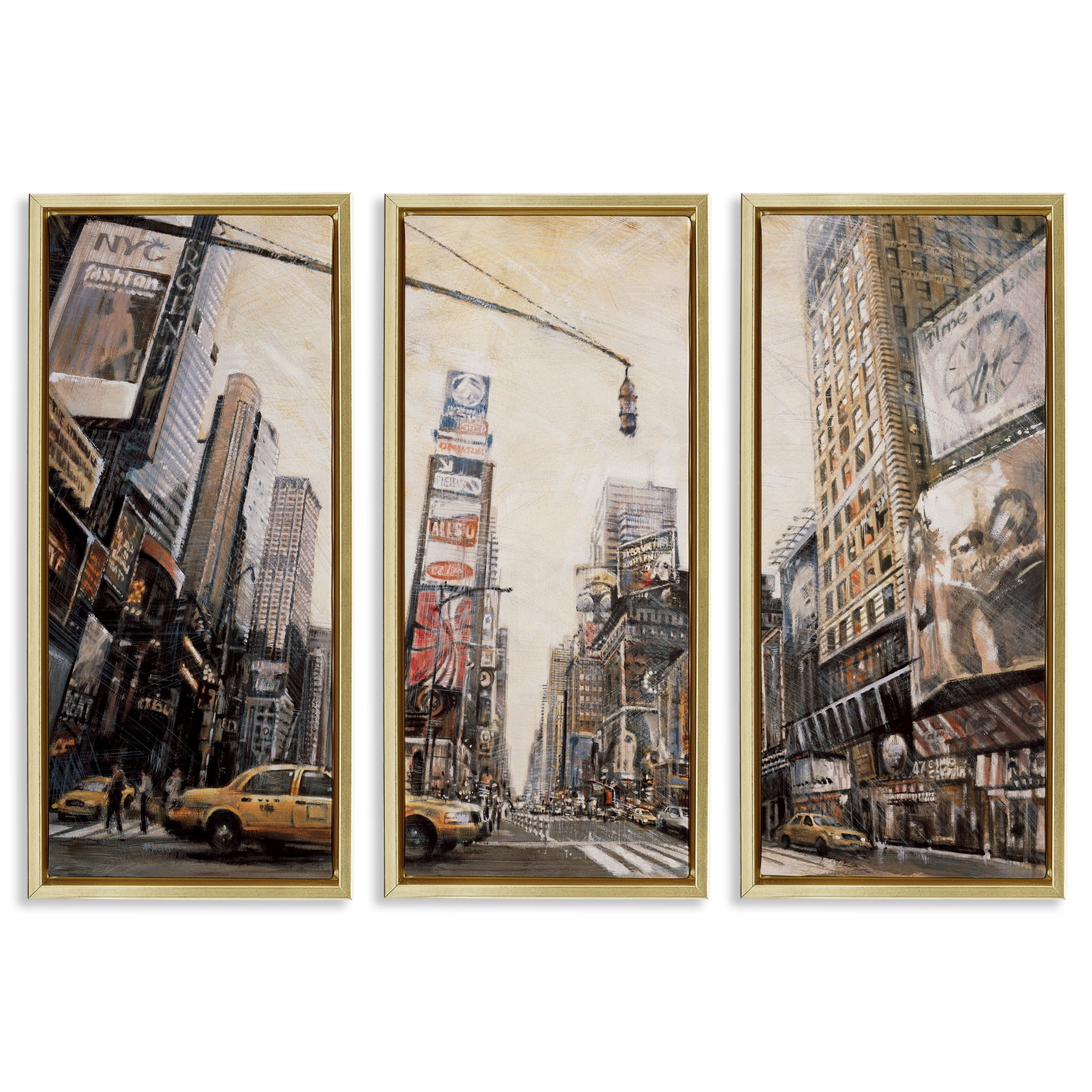Stupell Industries New York City Streets Buildings Transportation Painting Gold Floater Framed Canvas Art Print Wall Art, 15 x 31, Set of 3