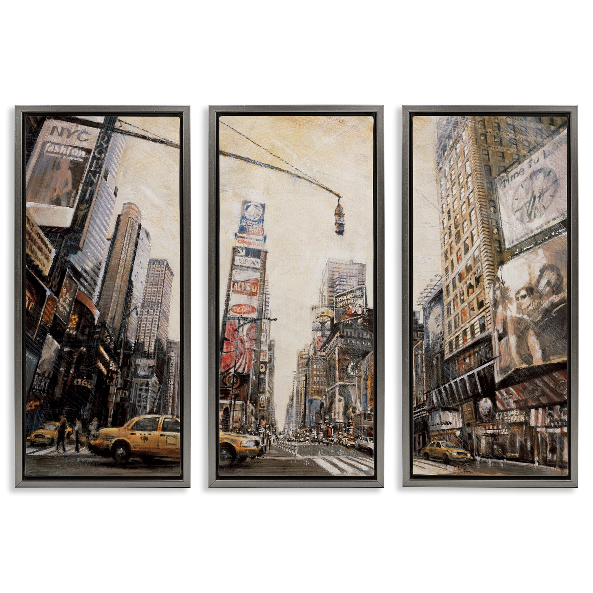 Stupell Industries New York City Streets Buildings Transportation Painting Gray Floater Framed Canvas Art Print Wall Art, 11 x 25, Set of 3