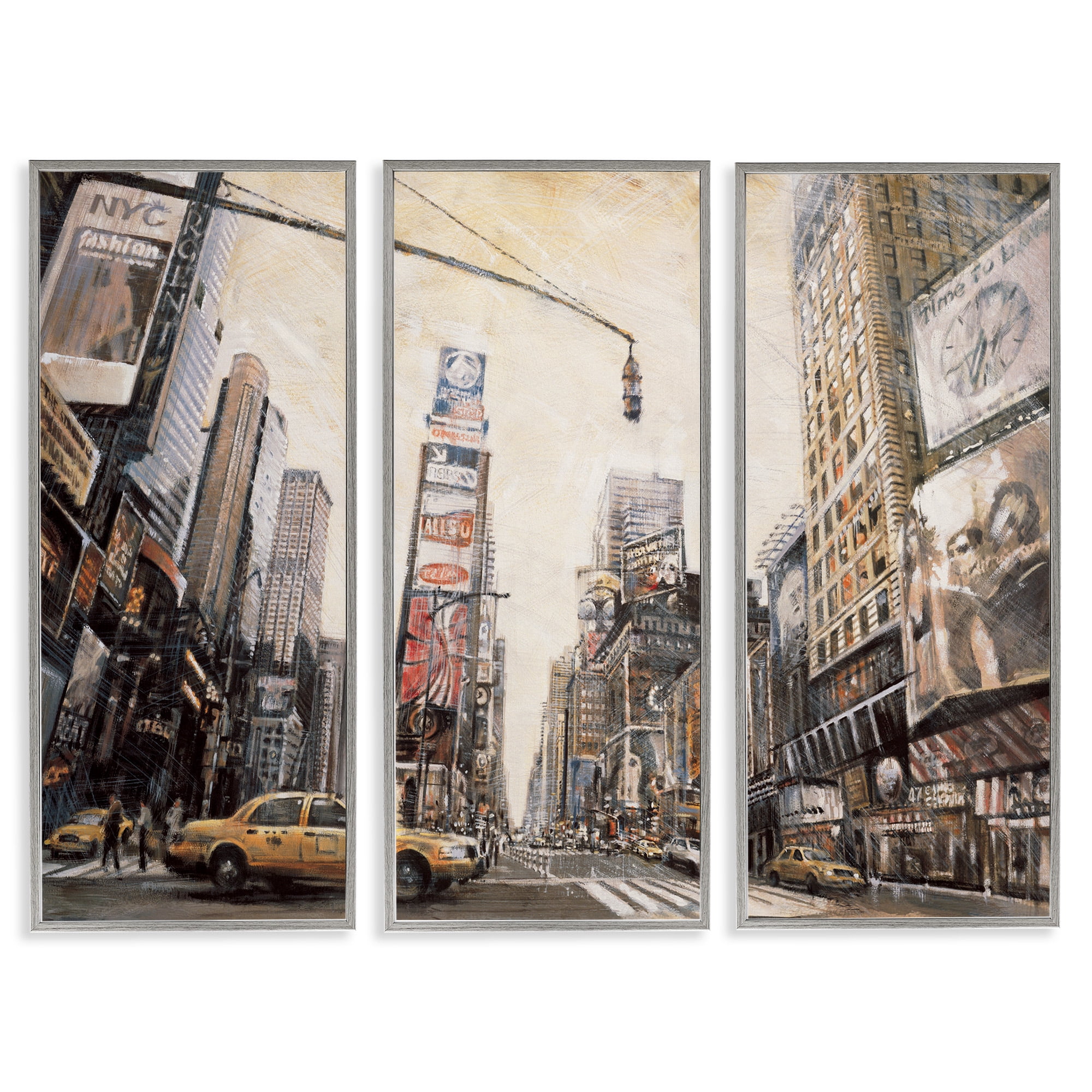 Stupell Industries New York City Streets Buildings Transportation Painting Gray Framed Art Print Wall Art, 10 x 24, Set of 3
