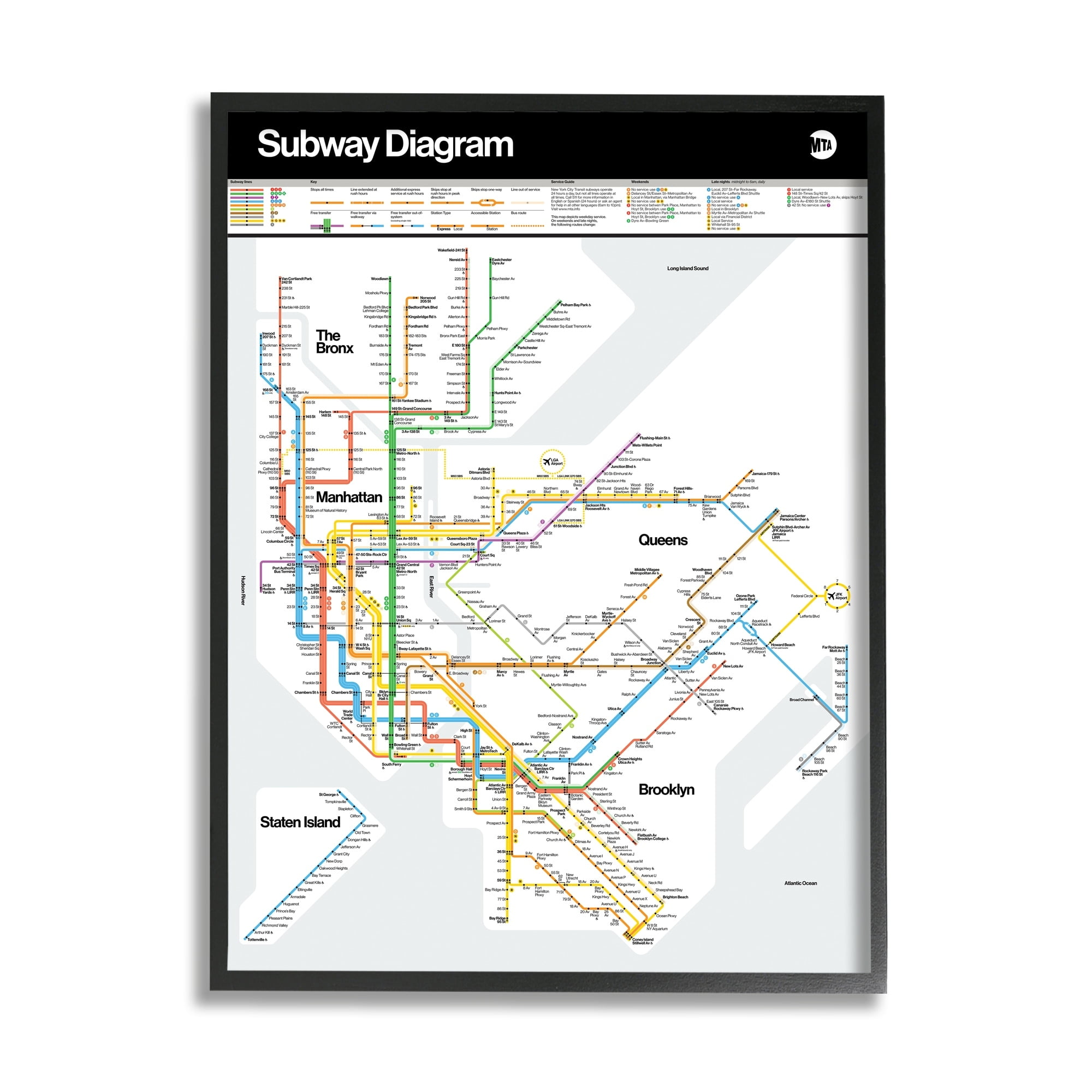 New York City Subway Map Print in Black Frame, 11 x 14
