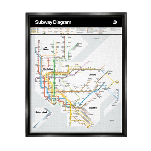 Stupell Industries New York City Urban Subway Diagram Chart Graphic Art Jet Black Floating Framed Canvas Print Wall Art, Design by JG Studios