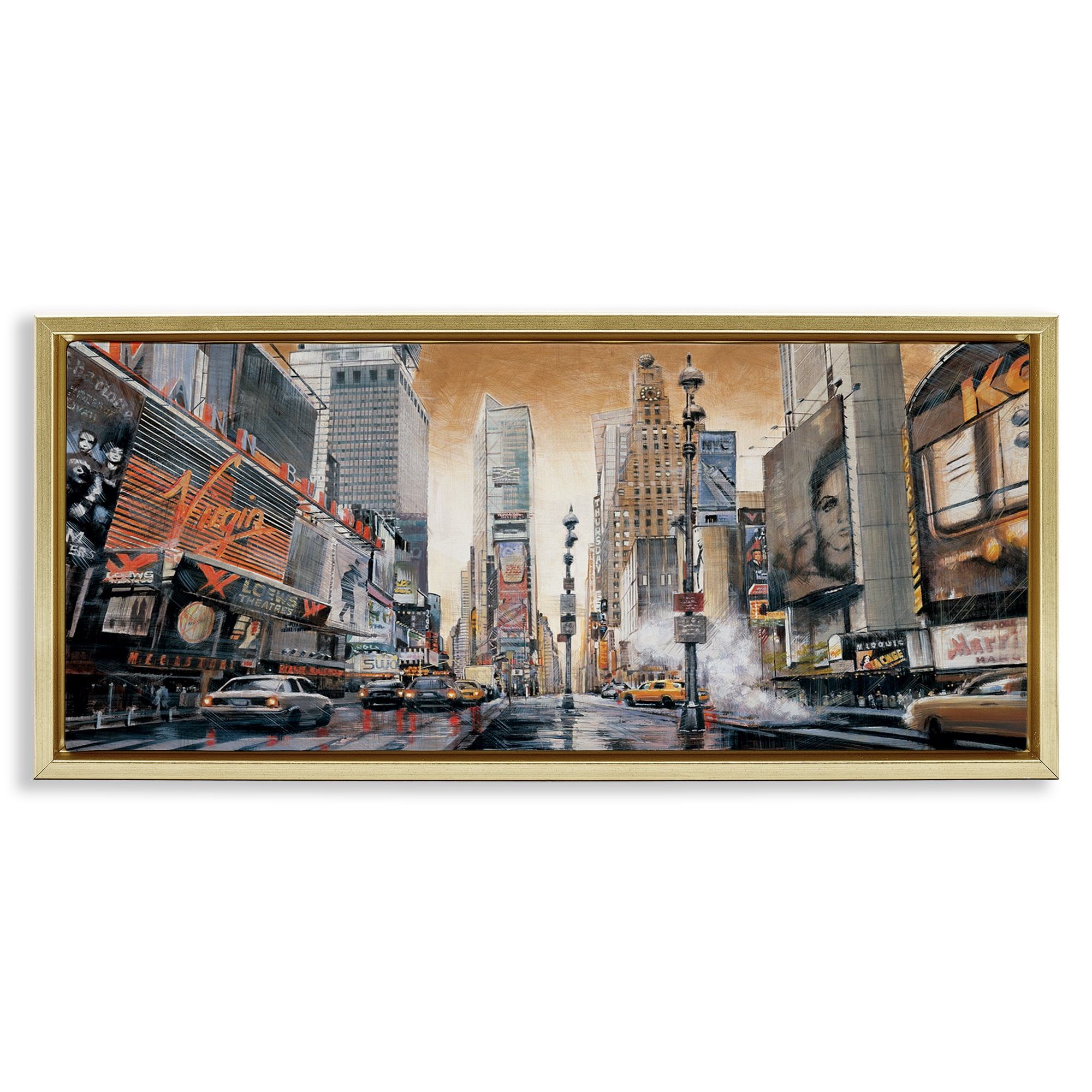 Stupell Industries New York Cityscape Scenery Painting Gold Floater Framed Art Print Wall Art, 31 x 14
