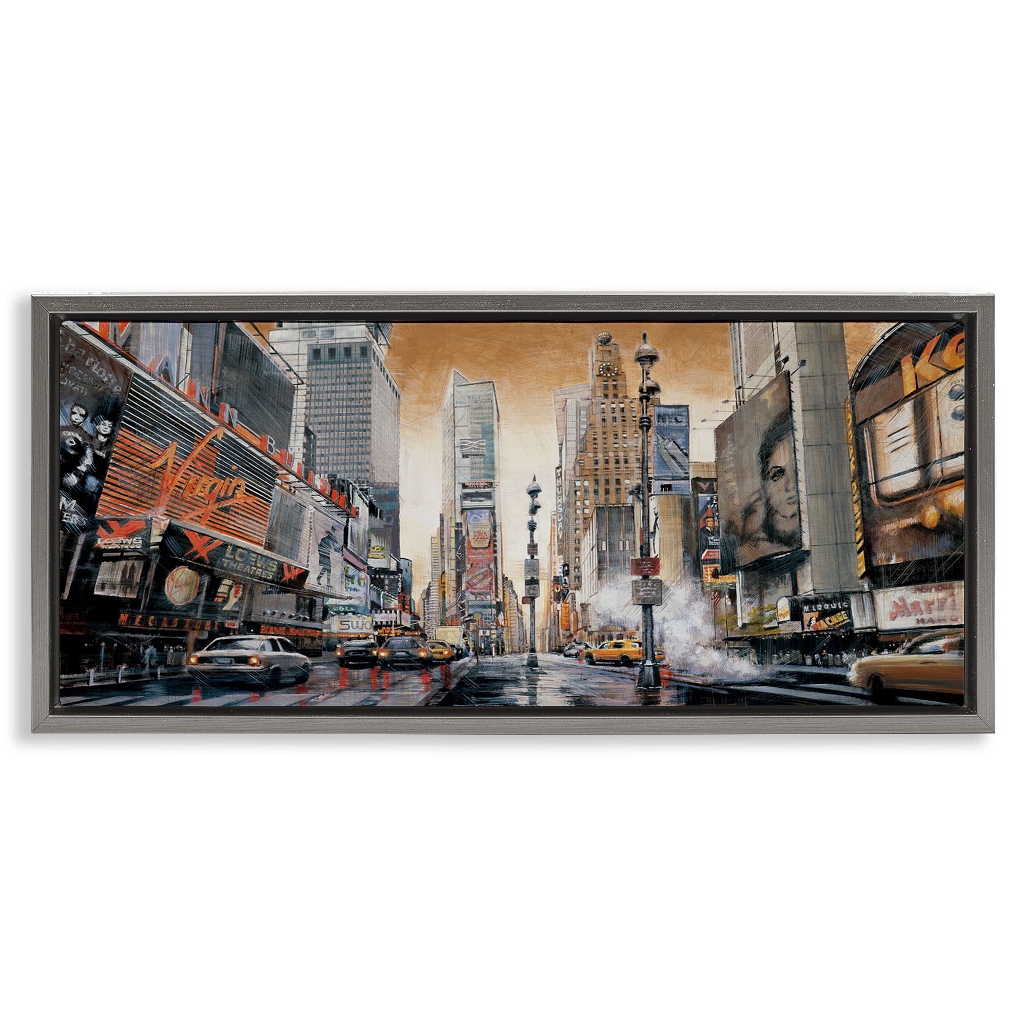 Stupell Industries New York Cityscape Scenery Painting Gray Floater Framed Art Print Wall Art, 31 x 14