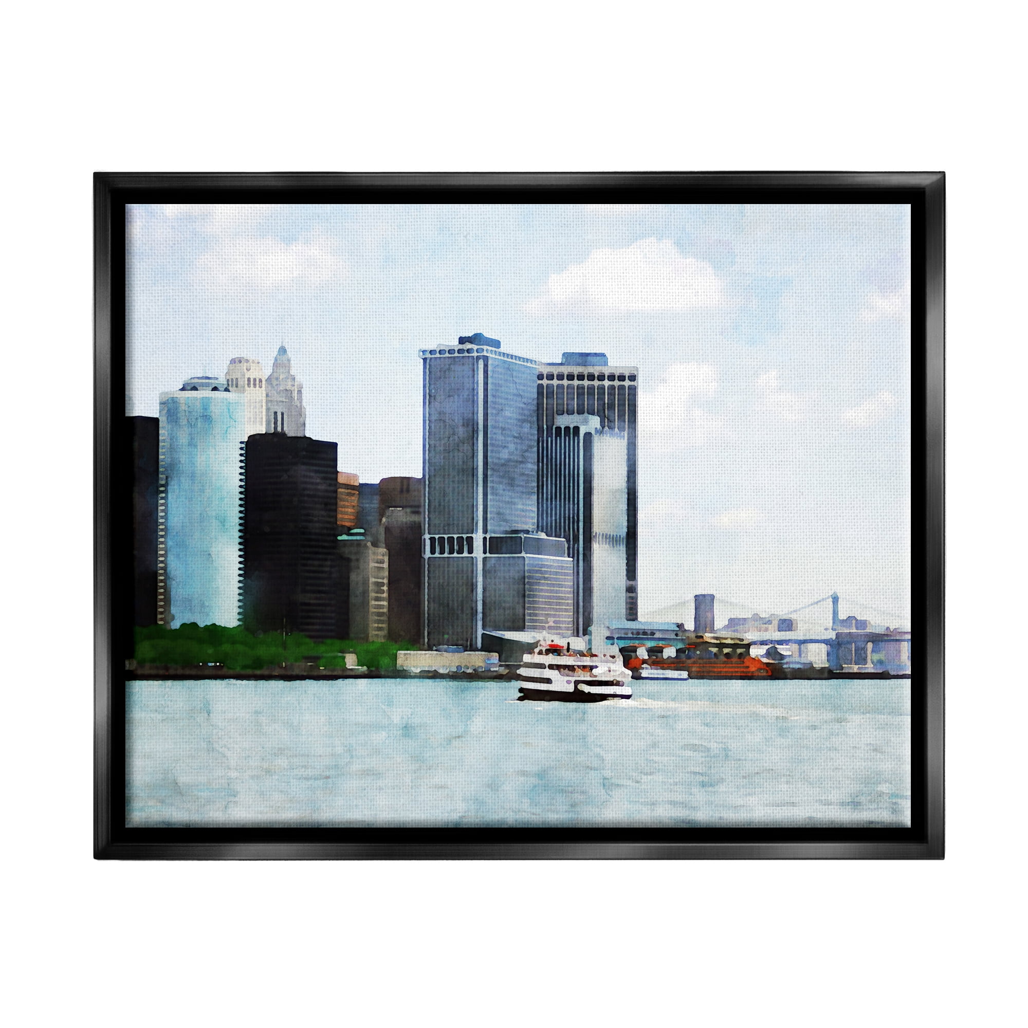 Stupell Industries New York Harbor Cityscape Town & City Painting Black Floater Framed Art Print Wall Art