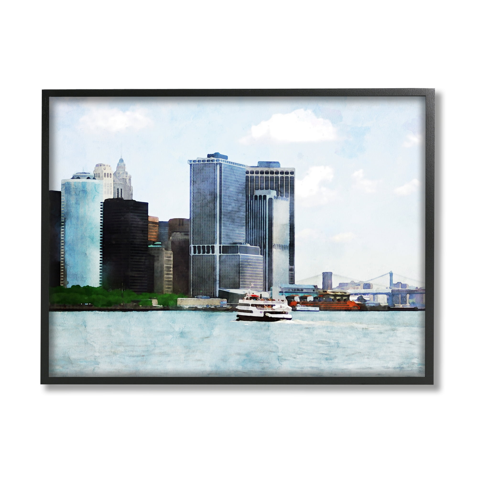 New York Harbor Cityscape Print on Canvas with Black Frame