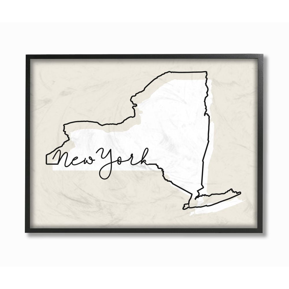 Stupell Industries New York Home State Map Neutral Print Design Framed Giclee Texturized Art by Daphne Polselli